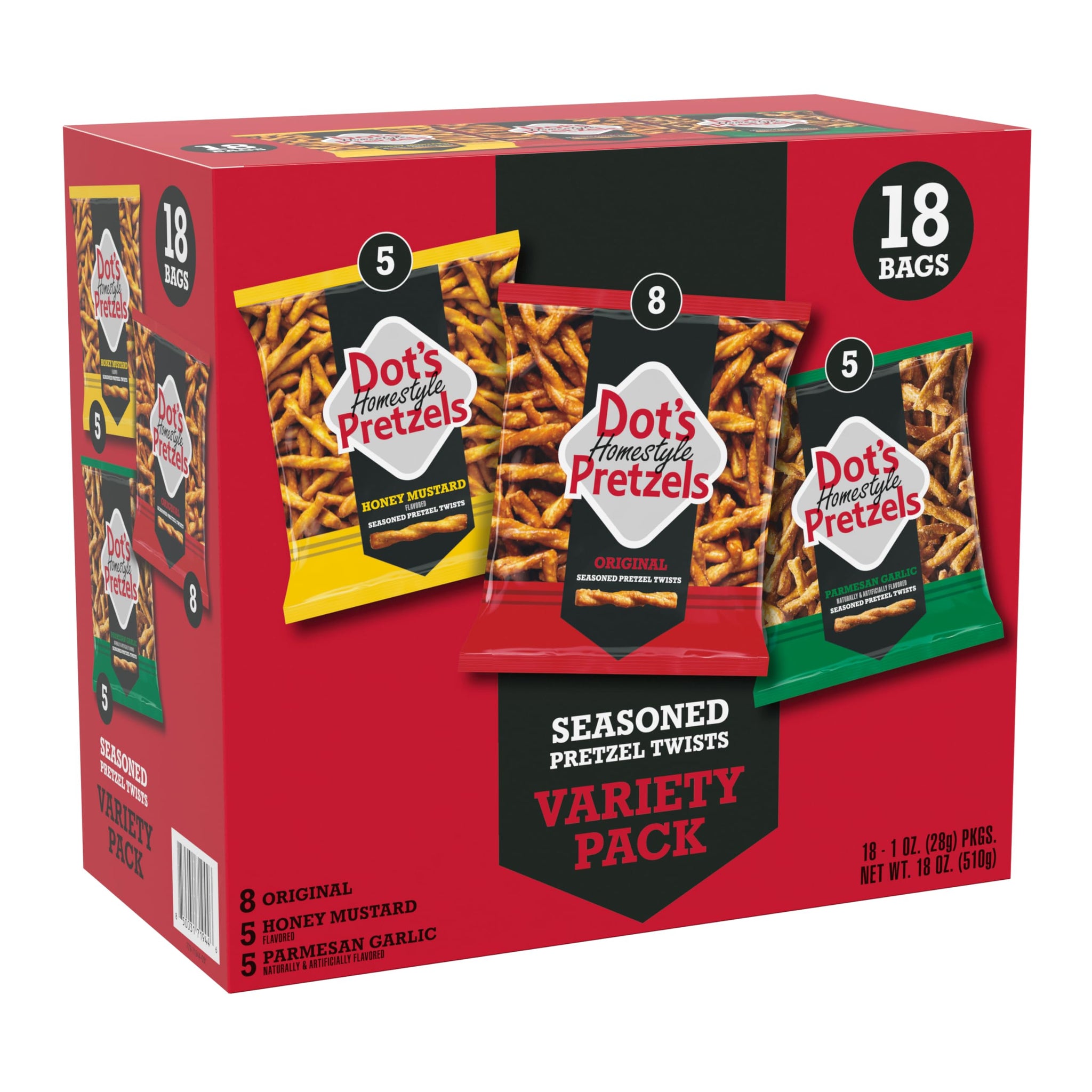 Dot's Homestyle Pretzels Variety Pack, Original, Honey Mustard, and Parmesan Garlic Twist Snack, 1oz Individually Sized Bags (18 Count)