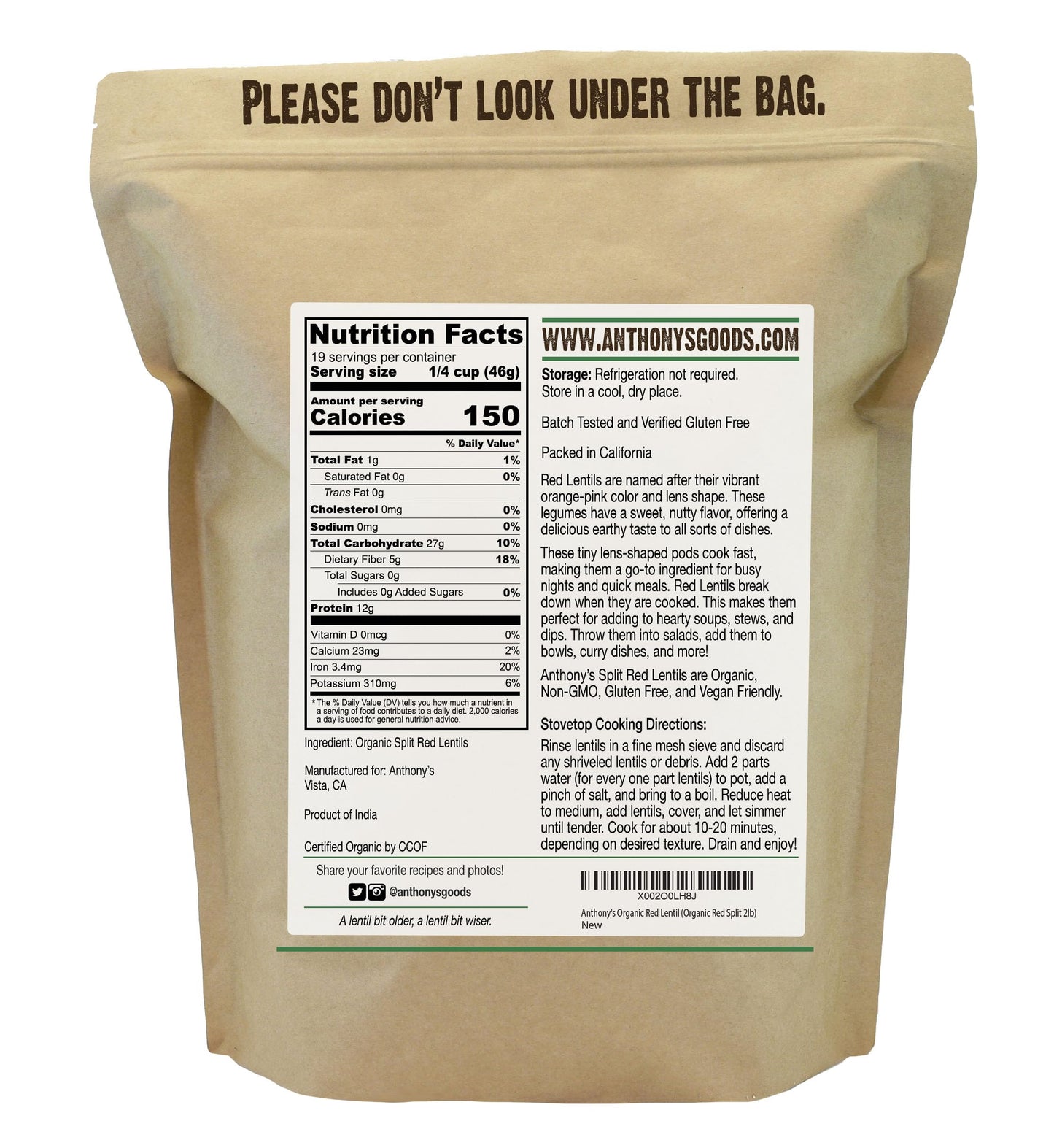 Anthony's Organic Split Red Lentils, 2 lb, Masoor Dal, Gluten Free, Non GMO, Vegan