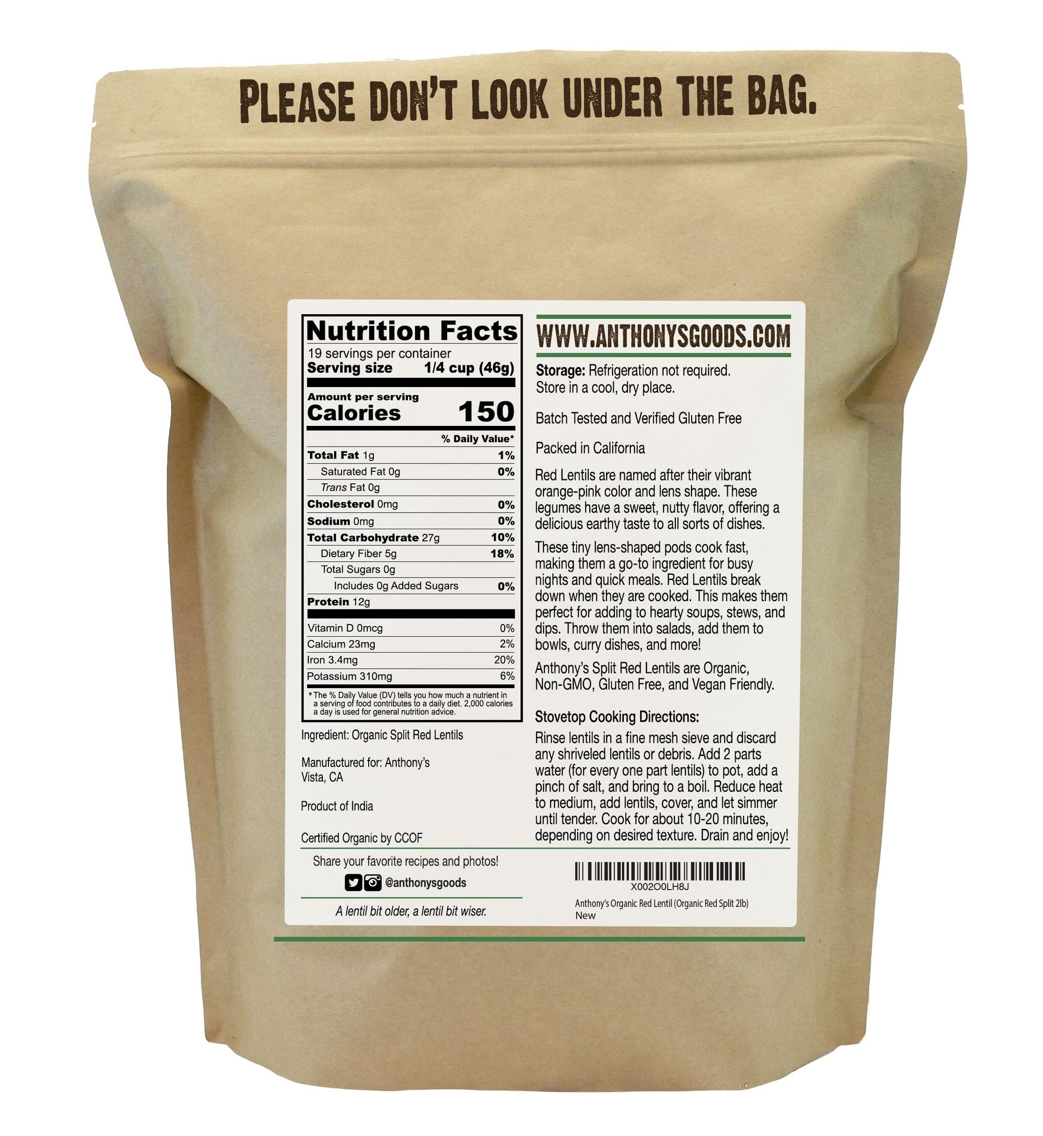 Anthony's Organic Split Red Lentils, 2 lb, Masoor Dal, Gluten Free, Non GMO, Vegan