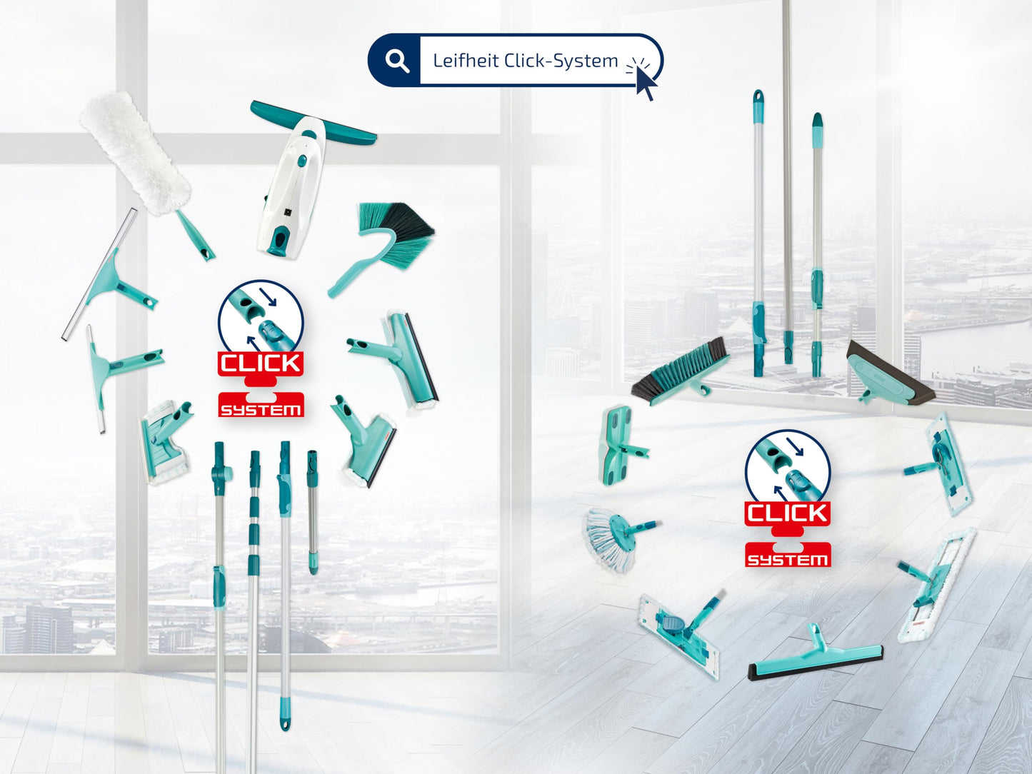 Leifheit Click System Handle, Mop Handle Adjustable and Extendable Between 145-400 cm, Telescopic Pole to Extend Reach of Squeegee, Duster or Mop Head