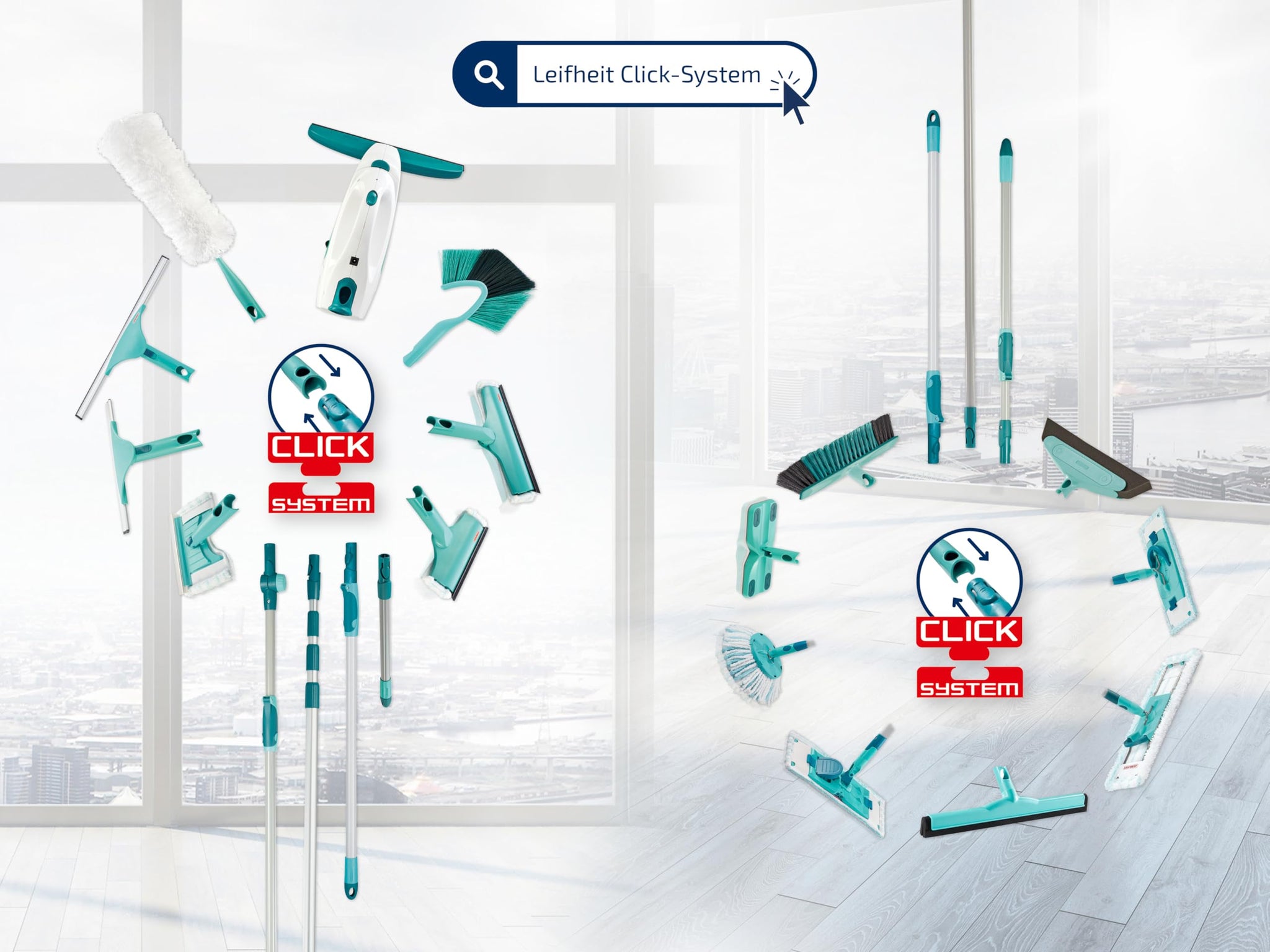 Leifheit Click System Handle, Mop Handle Adjustable and Extendable Between 145-400 cm, Telescopic Pole to Extend Reach of Squeegee, Duster or Mop Head