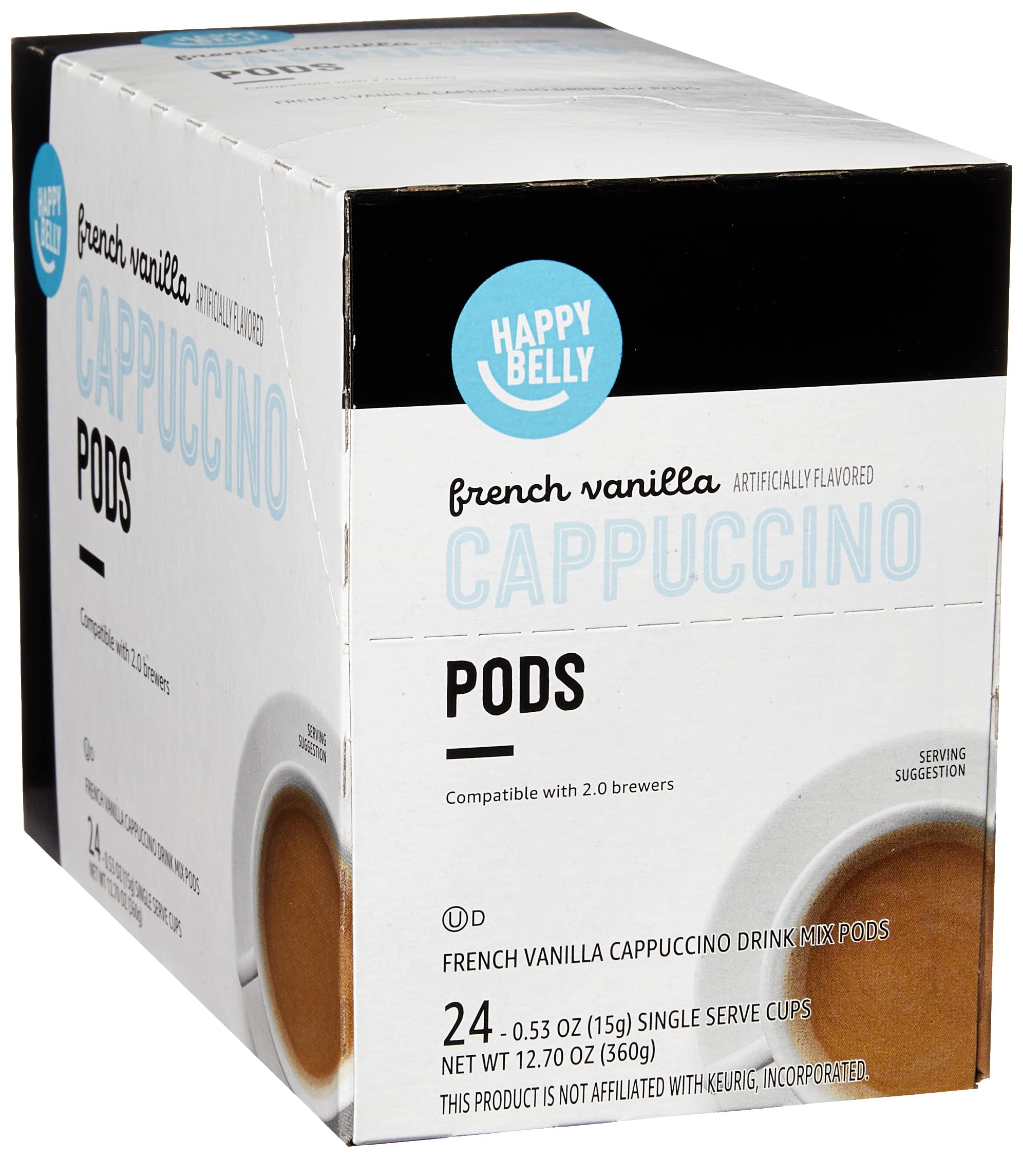 Happy Belly Cappuccino Coffee Pods Light Roast Compatible with 2.0 K-Cup Brewers, French Vanilla Flavored, 24 Count, 12.7 Ounce