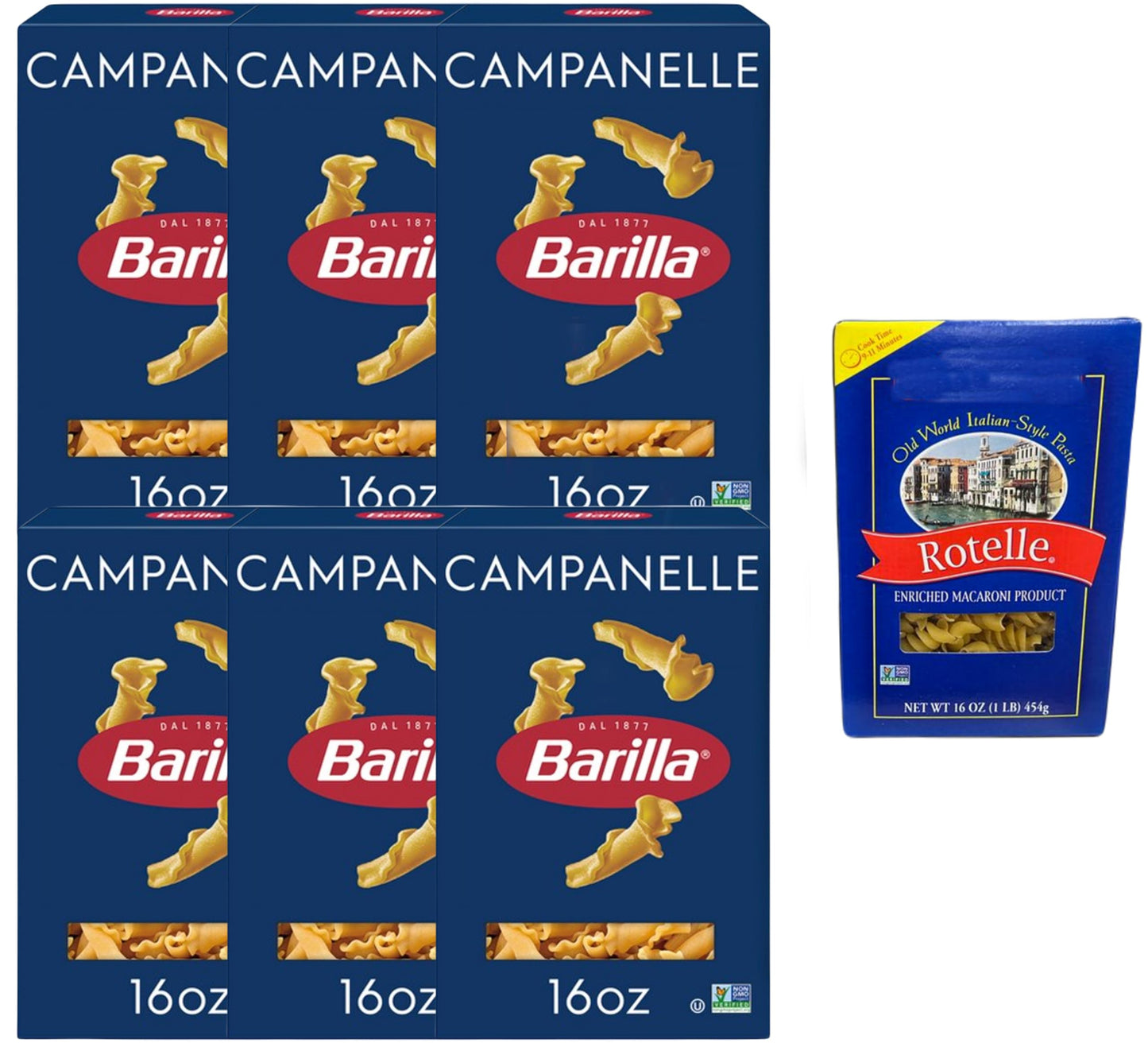 Barilla Campanelle Pasta | Non-GMO Pasta Made with Durum Wheat Semolina, 16 oz (Pack of 6) & Market Basket Rotelle Pasta Italian-Style, 12oz