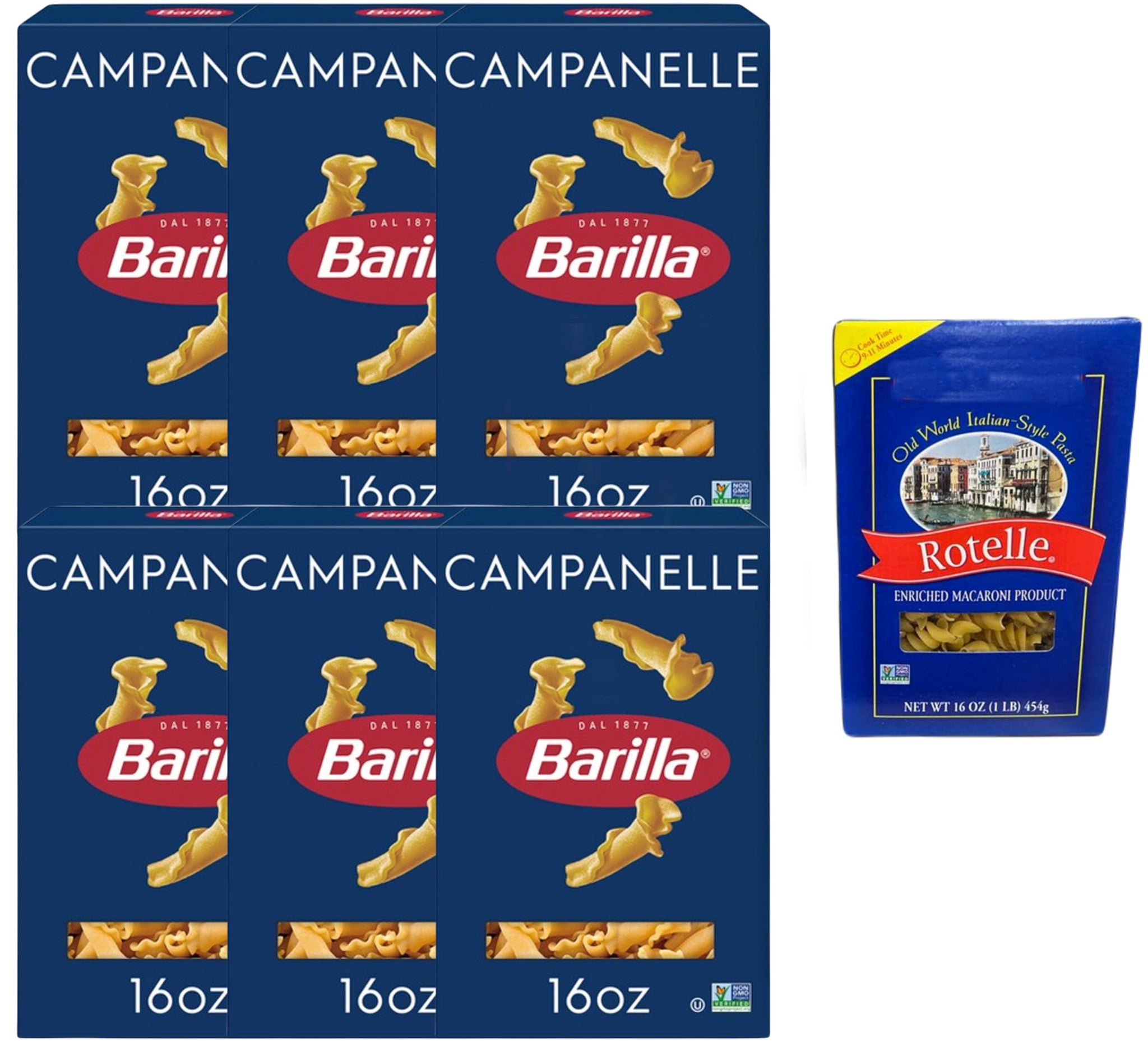 Barilla Campanelle Pasta | Non-GMO Pasta Made with Durum Wheat Semolina, 16 oz (Pack of 6) & Market Basket Rotelle Pasta Italian-Style, 12oz