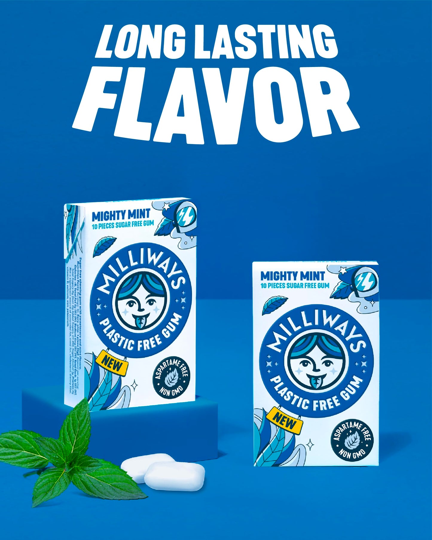 Milliways Mighty Mint | Plastic Free Gum | Xylitol, Aspartame-Free, Sugar-Free, Plant-Based, Natural Chewing Gum | 120 Pieces Total (12 Packs of 10