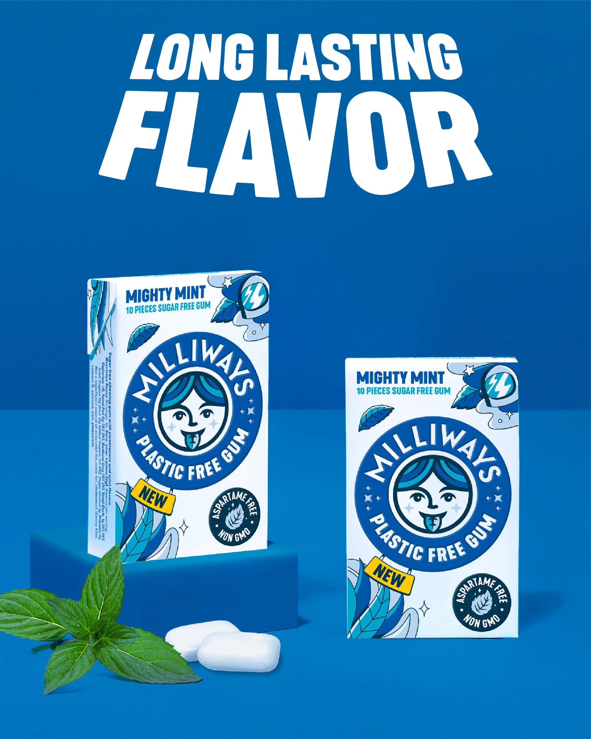 Milliways Mighty Mint | Plastic Free Gum | Xylitol, Aspartame-Free, Sugar-Free, Plant-Based, Natural Chewing Gum | 120 Pieces Total (12 Packs of 10