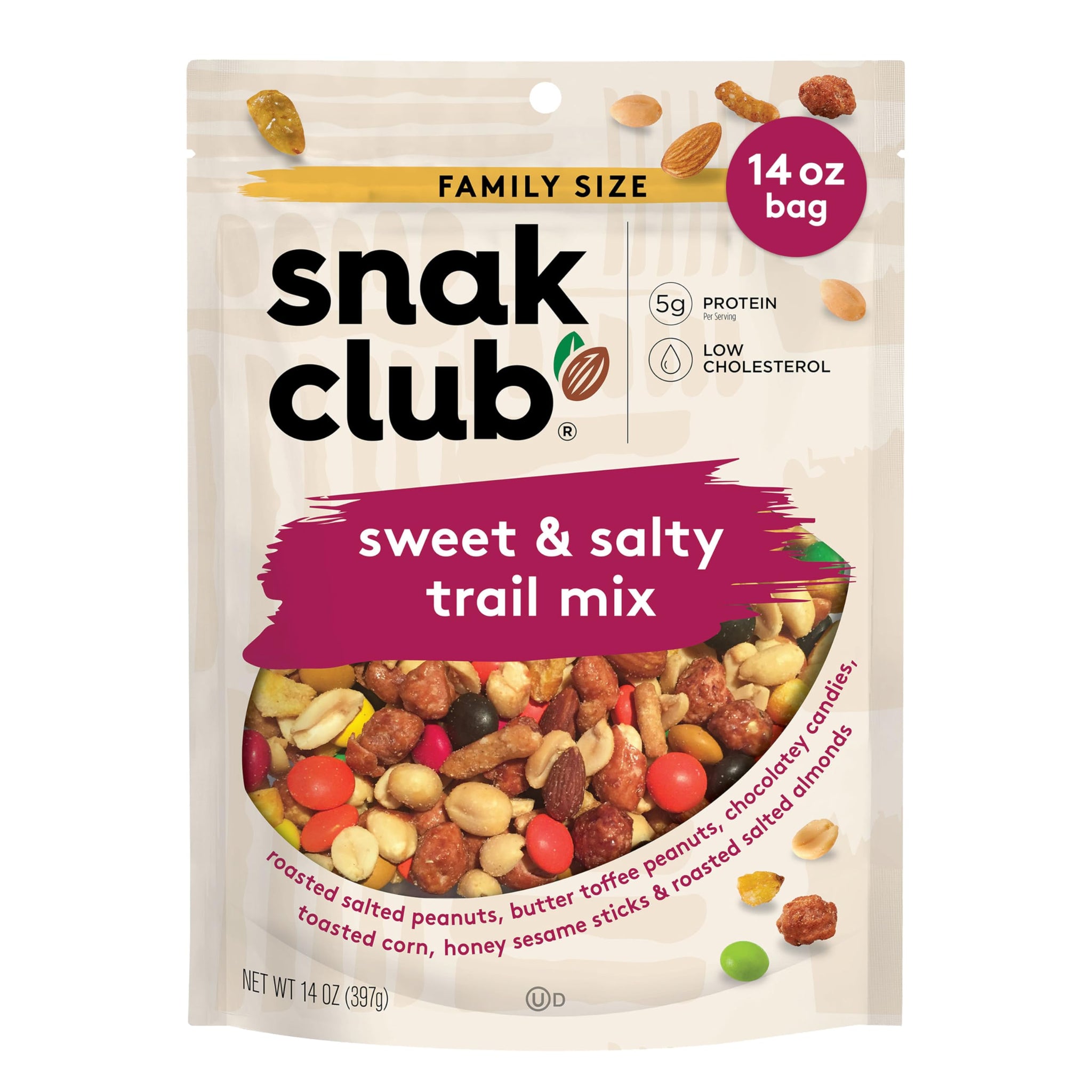 Snak Club Sweet and Salty Trail Mix with Peanuts, Butter Toffee Peanuts, Chocolatey Candies, Toasted Corn, Honey Sesame Sticks, and Almonds, Kosher