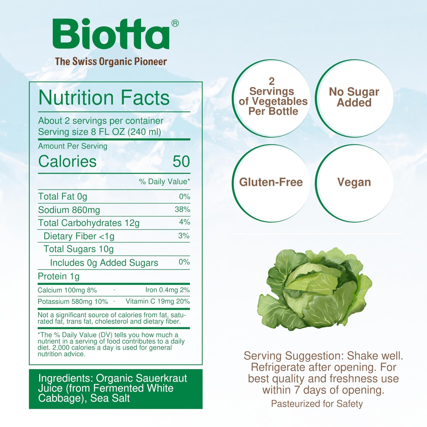 Biotta Organic Sauerkraut Juice - 100% Vegetable Juice for Energy, Immunity & Wellness - Excellent Source of Nutrients - All Natural, Non-GMO