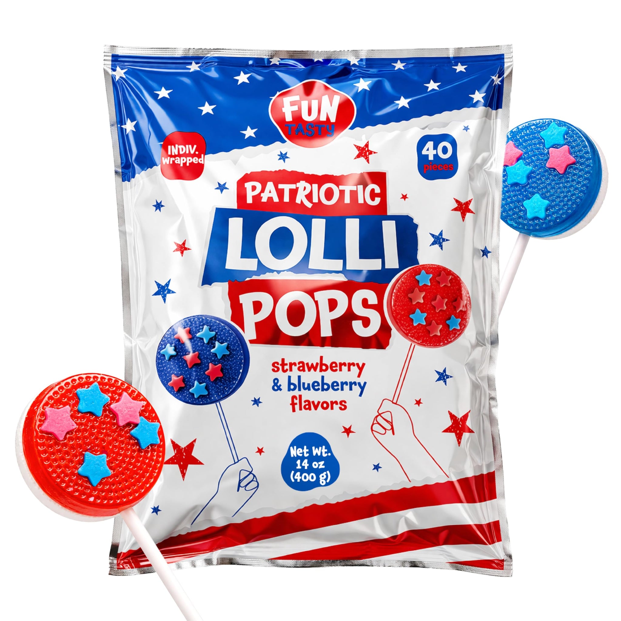 Patriotic Candy - 40 Count - 4th of July Lollipops Individually Wrapped - Red White and Blue Candy - Double-Sided Flat Lollipops - Strawberry