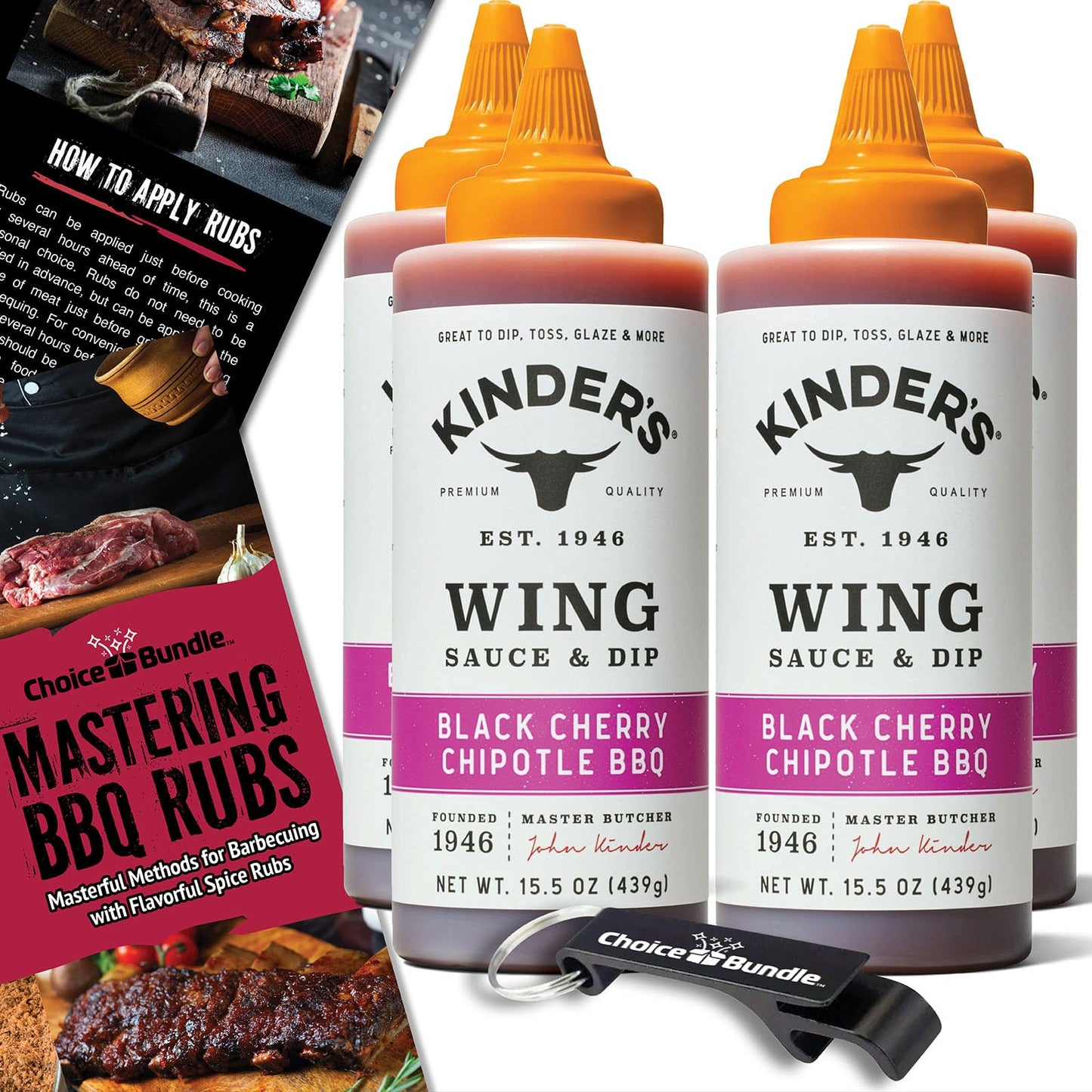 Kinder’s Black Cherry Chipotle BBQ Wing Sauce & Dip 4 Pk (62 oz) Great to Dip Toss Glaze & More + Barbecue Masters & Bottle Opener (6 Items)!