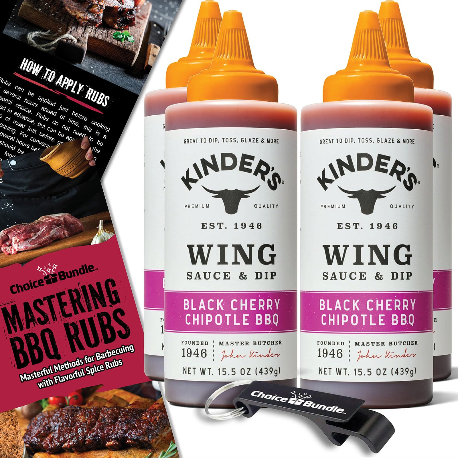Kinder’s Black Cherry Chipotle BBQ Wing Sauce & Dip 4 Pk (62 oz) Great to Dip Toss Glaze & More + Barbecue Masters & Bottle Opener (6 Items)!
