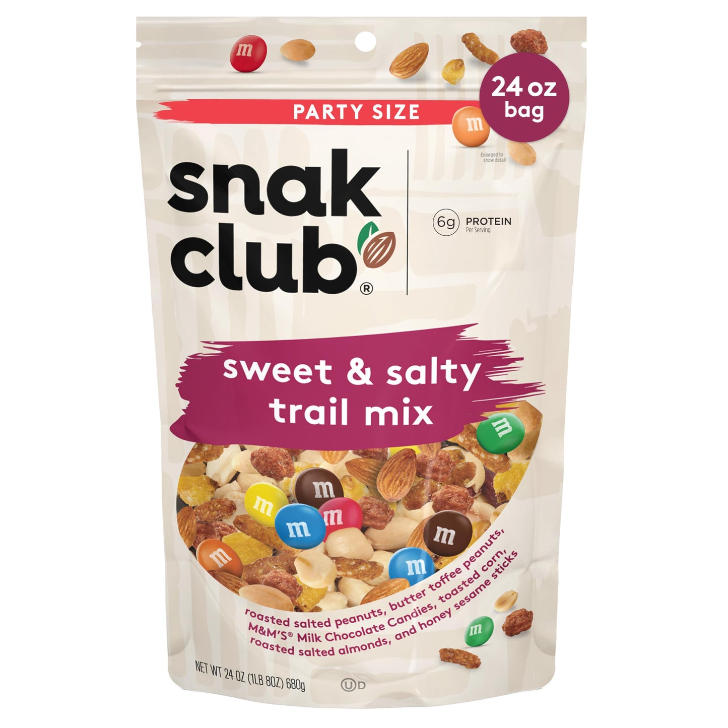 Snak Club Sweet and Salty Trail Mix with Peanuts, Butter Toffee Peanuts, M&M'S Chocolate Candies, Toasted Corn, Honey Sesame Sticks, and Almonds