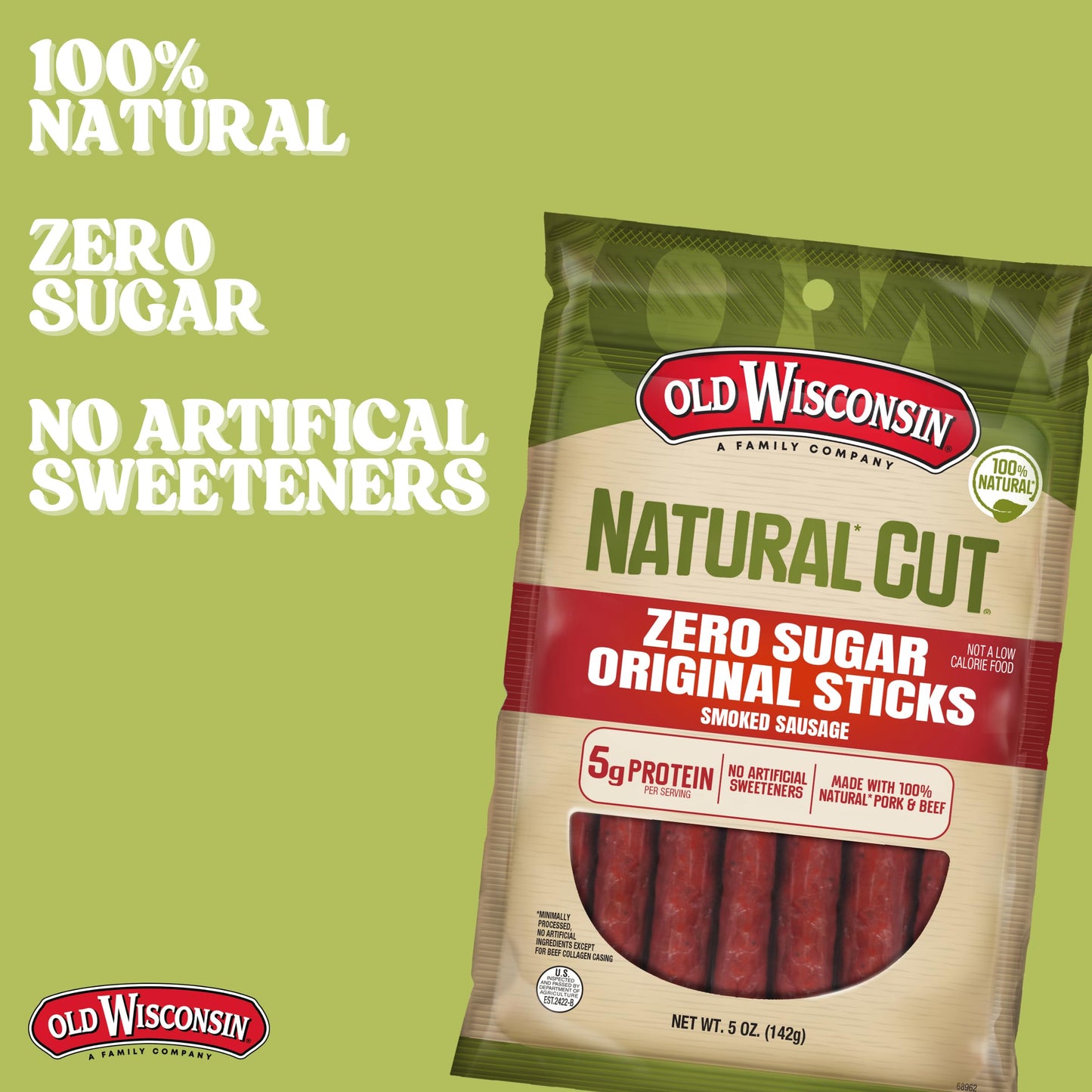 Old Wisconsin Natural Cut Original Sausage Snack Sticks, Zero Sugar, Naturally Smoked, Ready to Eat, High Protein, Low Carb, Keto, Gluten Free, No