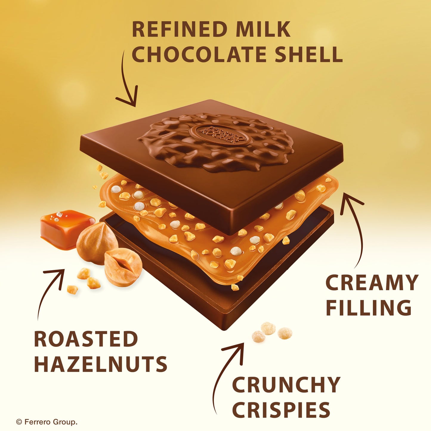 Ferrero Rocher Premium Caramel Hazelnut chocolate squares, Individually Wrapped Chocolates, Great for Sharing or Gifting, 3.7 oz