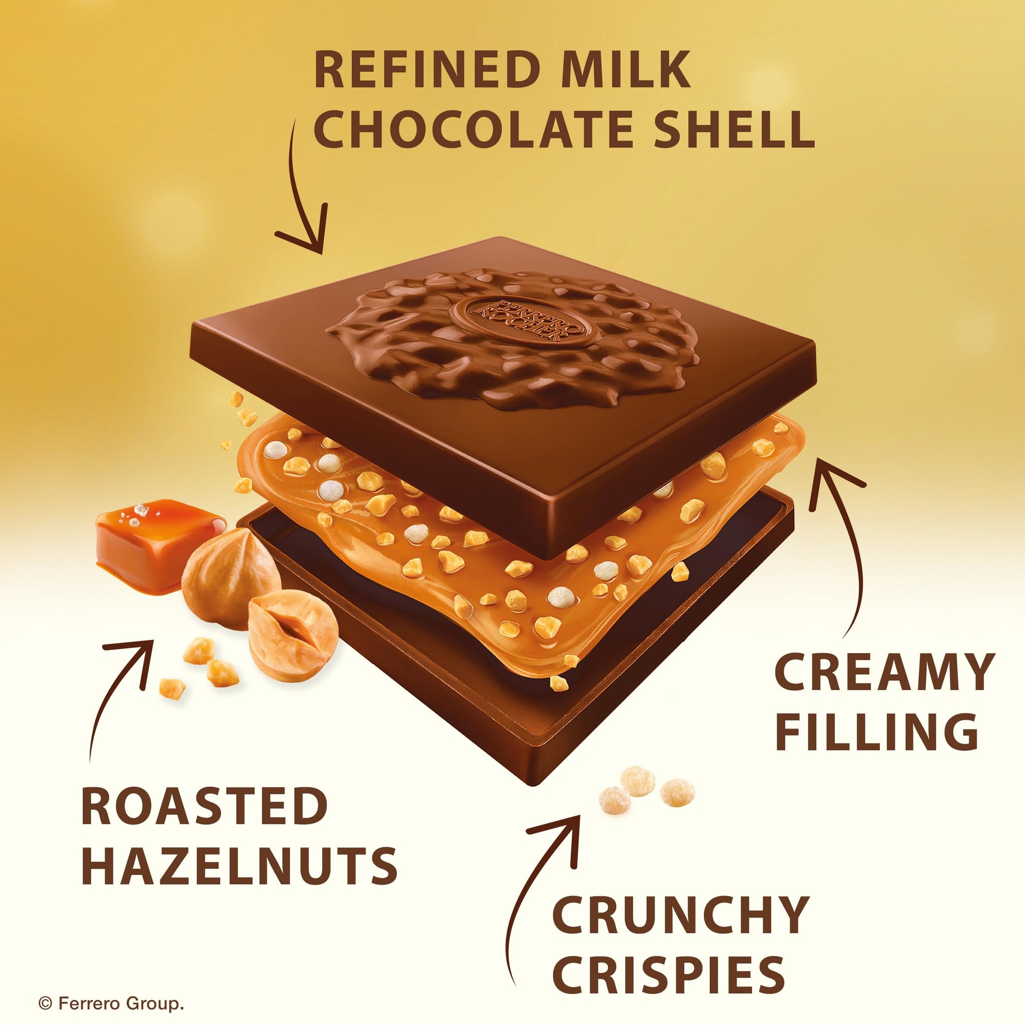 Ferrero Rocher Premium Caramel Hazelnut chocolate squares, Individually Wrapped Chocolates, Great for Sharing or Gifting, 3.7 oz