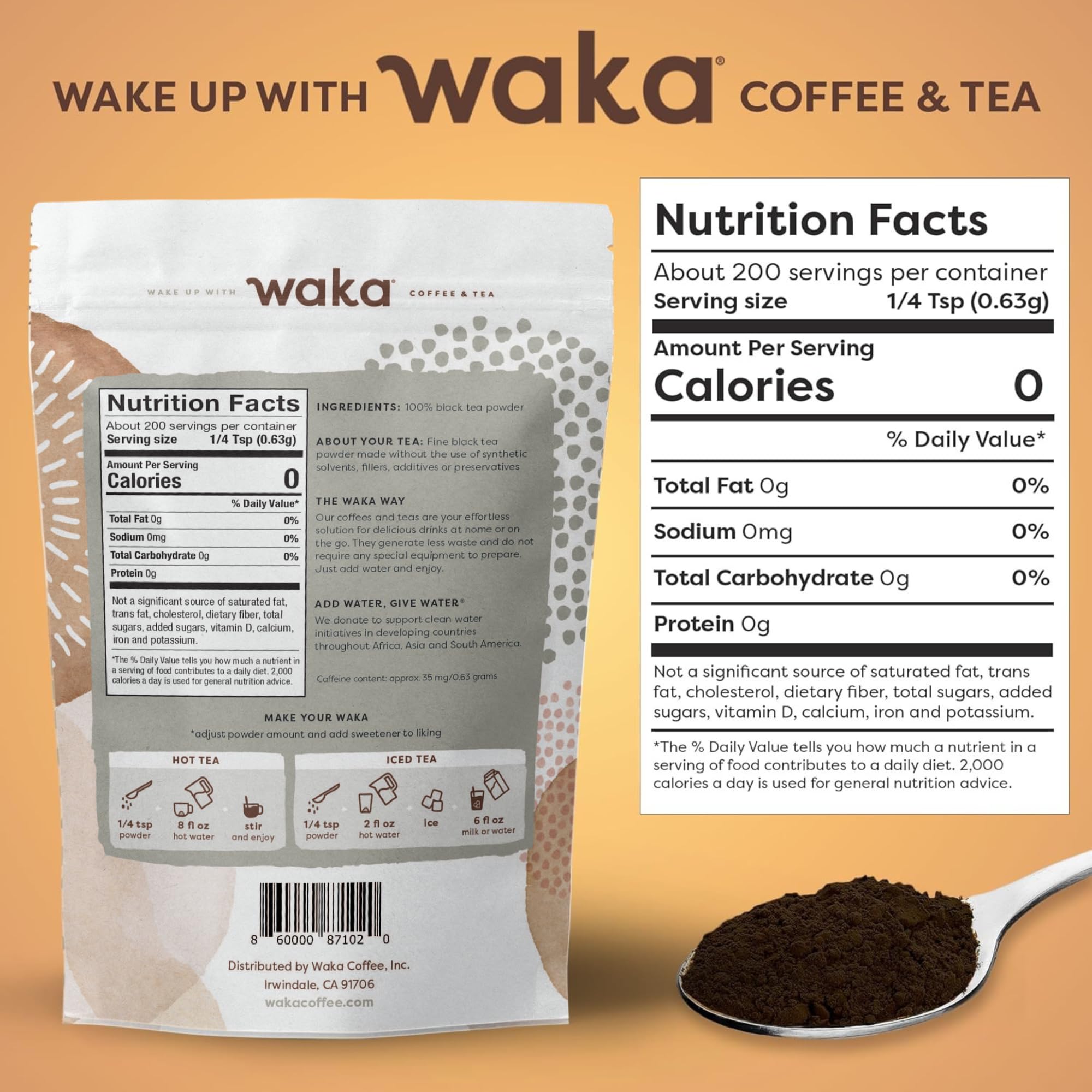 Waka Instant Black Tea Mix, Kenyan - 100% Tea Leaves, No Additives, Unsweetened Tea Powder for 50 Quarts or 200 Cups - Easy and Quick Hot or Iced Teas