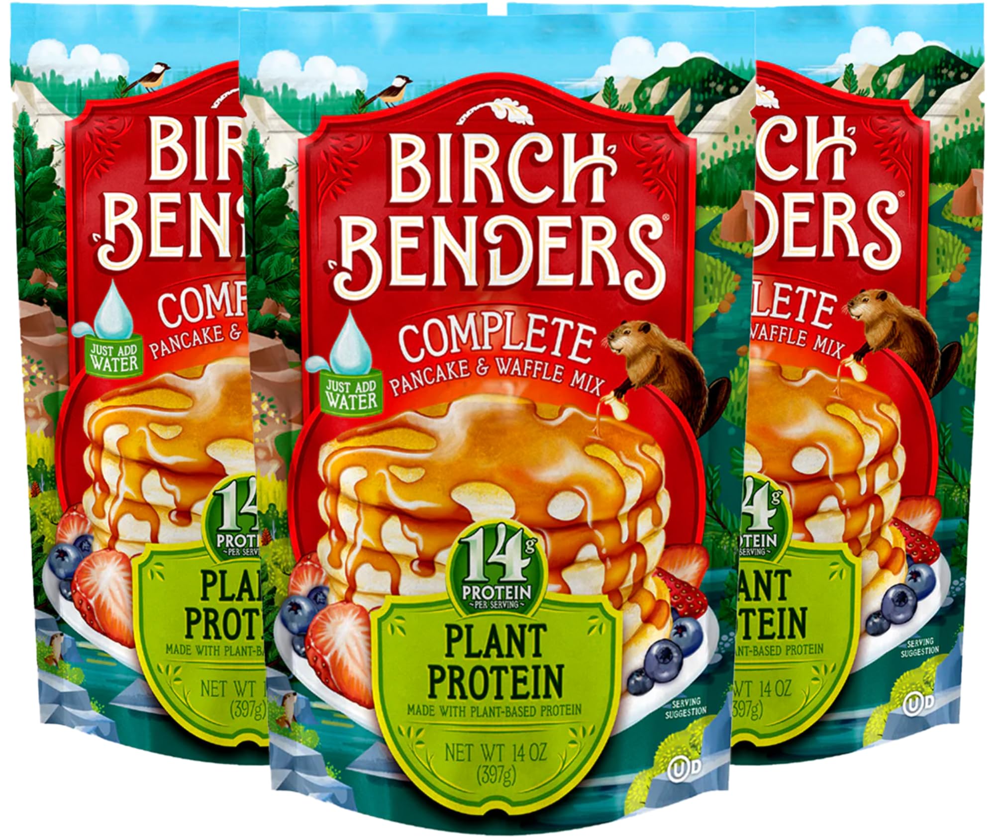 Birch Benders Plant Protein Pancake & Waffle Mix, Vegan, 14 g Plant-Based Protein, Whole Grains, Just Add Water, 14 oz (Pack of 3)