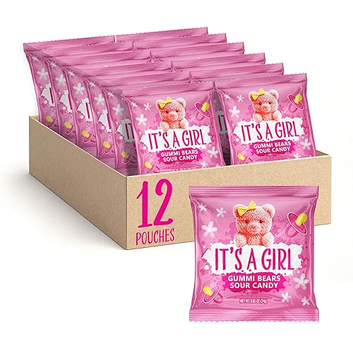 Its a Girl Candy | 12 Packs of Sour Gummies | Tutti Frutti Gummi Bears | Pink Candy for Baby Shower Favors | Gender Reveal Party Favors Individually