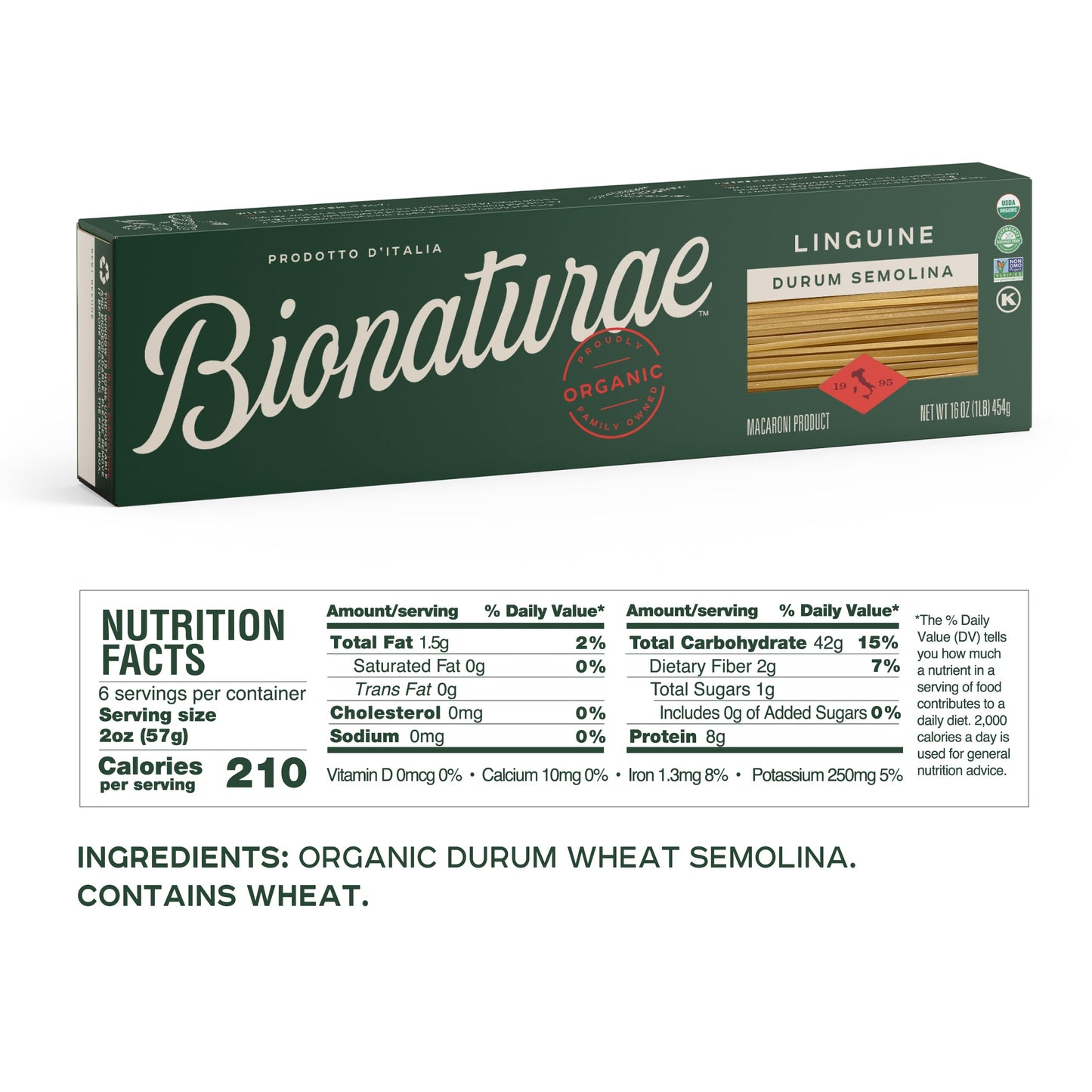 Bionaturae Linguine Pasta Noodles - Durum Semolina Pasta, Kosher, High Protein, Non-GMO, USDA Certified, Durum Semolina Linguine, Linguine Pasta