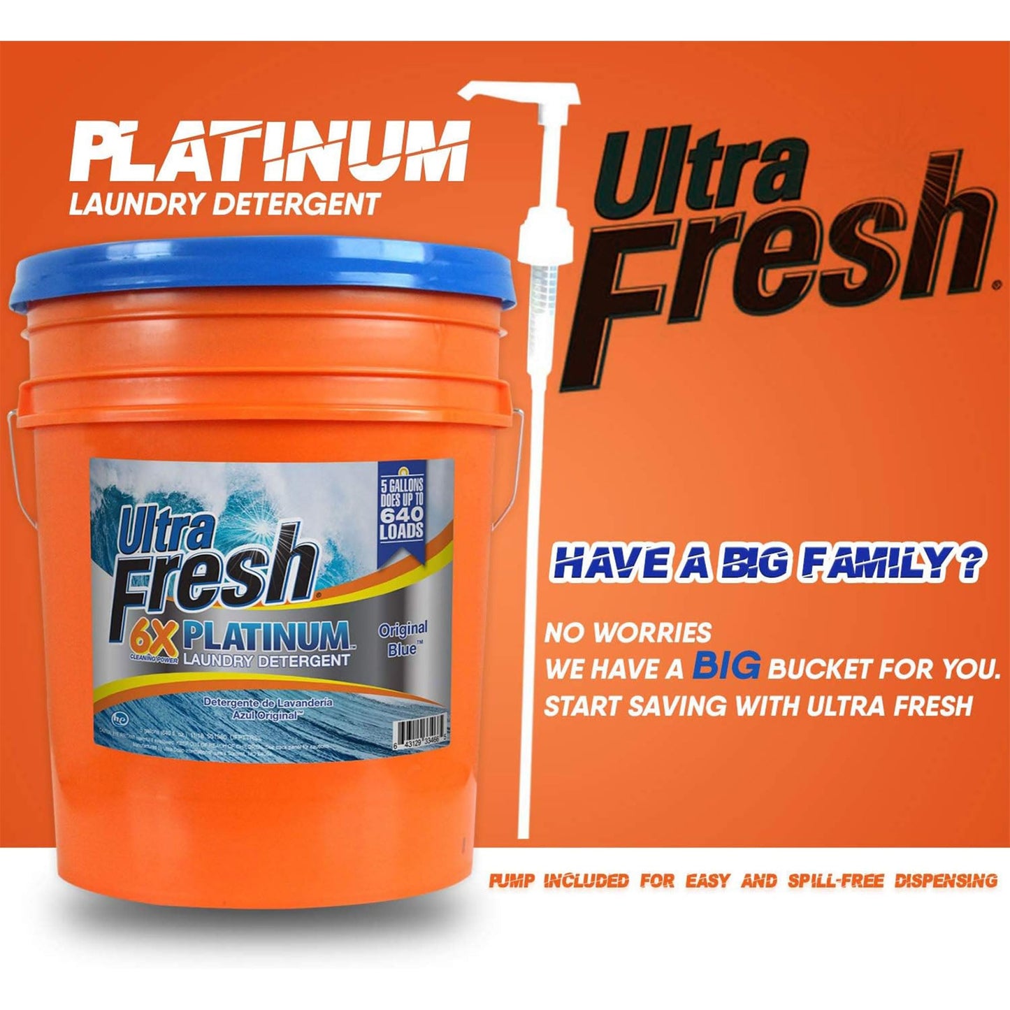 Ultra Fresh 6X Platinum Laundry Detergent, 5 Gallon, Bundled with Spring Fresh Fabric Softener and Pump, Up to 640 Loads, Orange/Blue