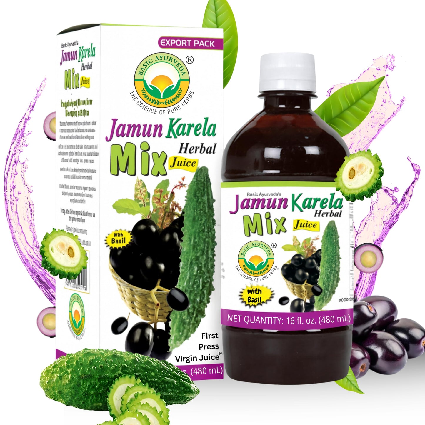 BASIC AYURVEDA Jamun Karela Herbal Mix Juice with Holy Basil | 16.23 Fl Oz (480ml) | Natural Indian Black Berry & Bitter Gourd Juice | Plant-Based