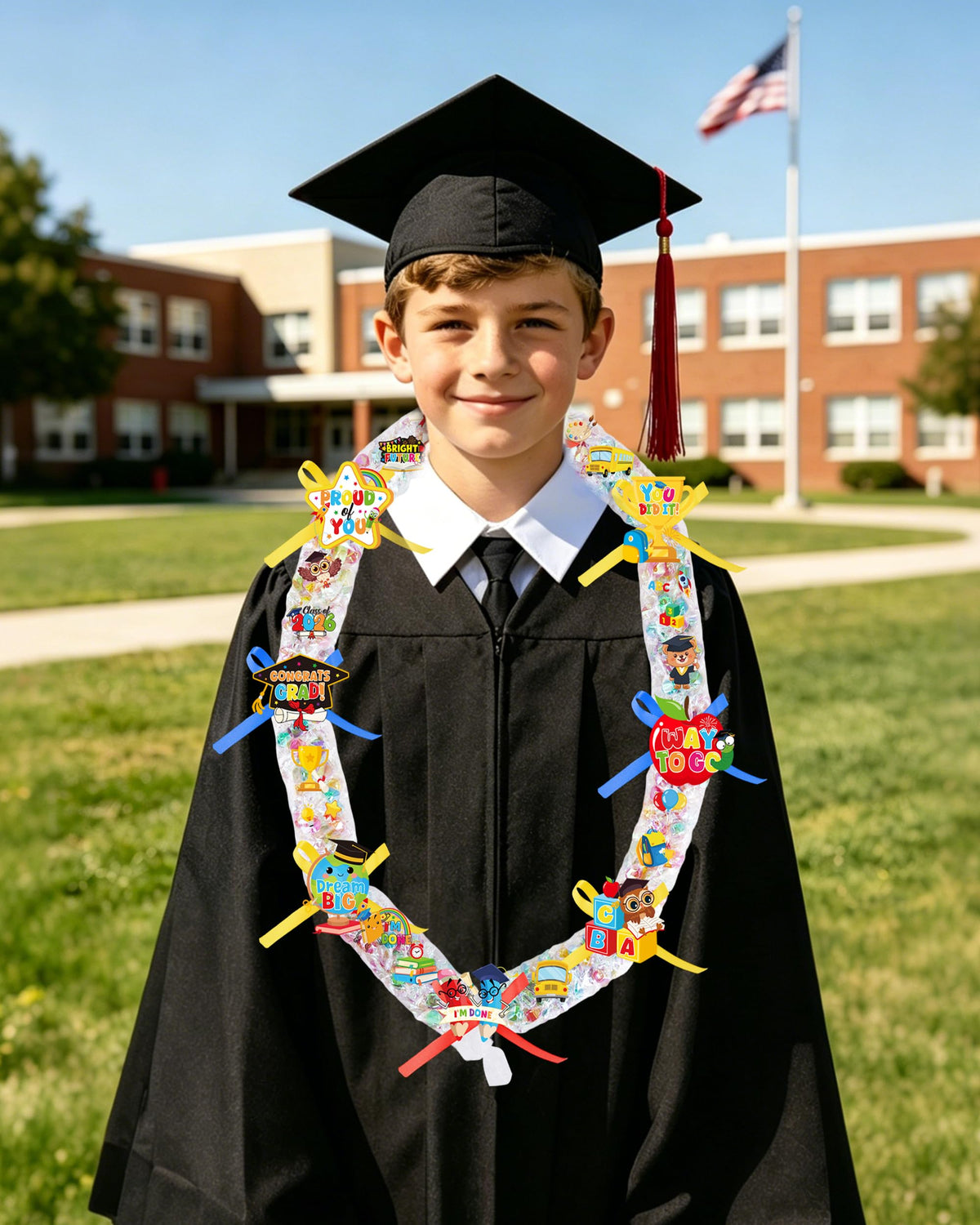 CRASHOT Graduation Candy Lei Making Kit, DIY 2026 Grad Gift Lei Set with 12 Clear Bags, 3 Rolls Satin Ribbon (Red/Blue/Gold), 6 Sticker Sheets & 10