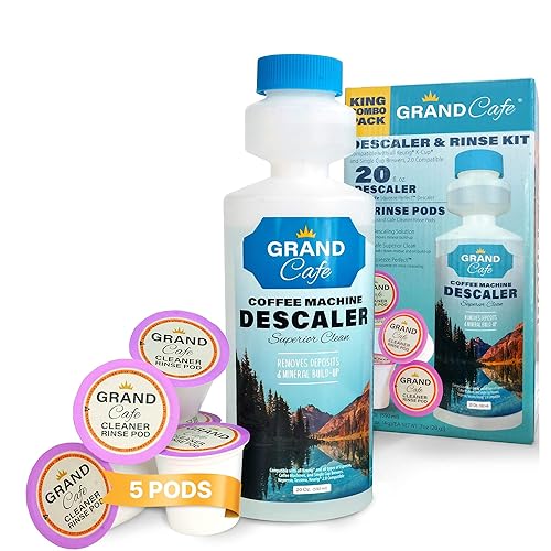 Grand Cafe - Keurig Coffee Machine Descaler and Cleaner Kit - 5 Uses per Bottle + 5 Cleaning Rinse Cups - Compatible with Keurig 2.0 & All