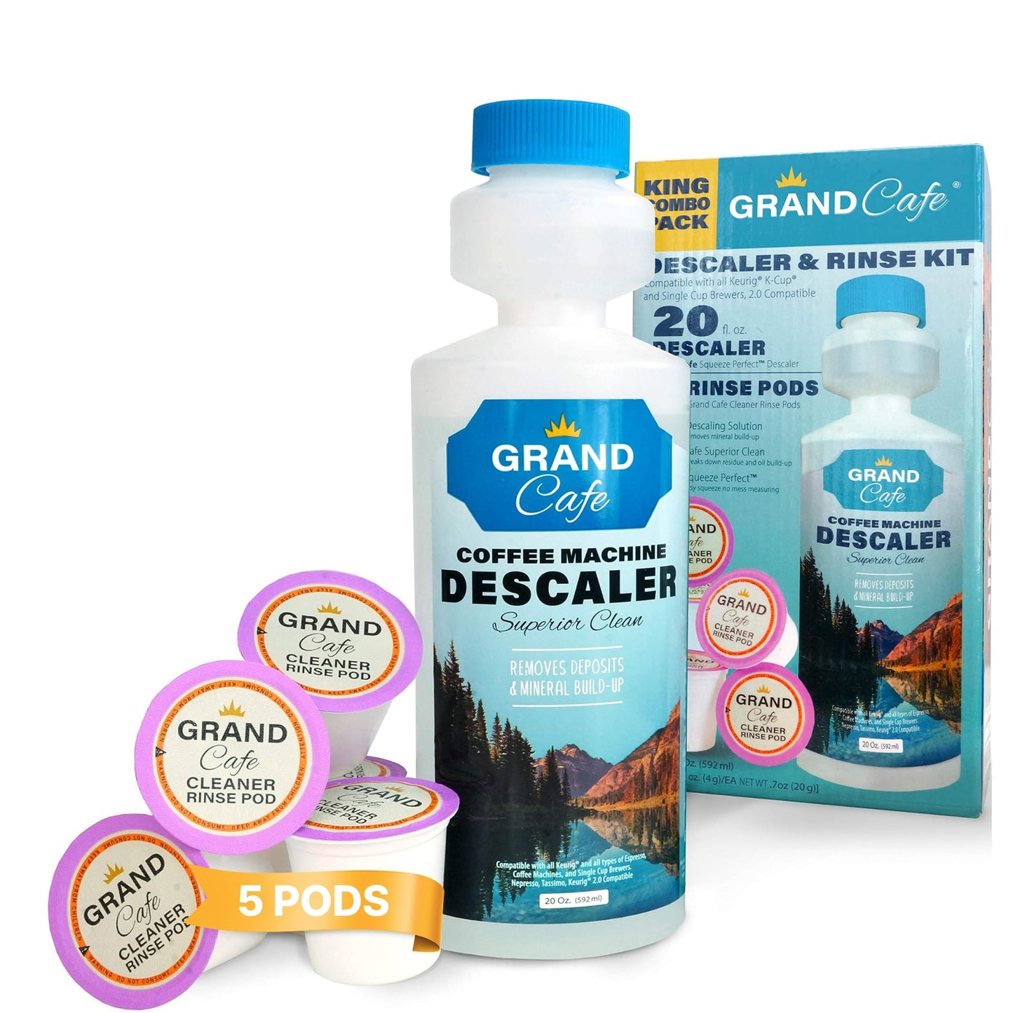 Grand Cafe - Keurig Coffee Machine Descaler and Cleaner Kit - 5 Uses per Bottle + 5 Cleaning Rinse Cups - Compatible with Keurig 2.0 & All