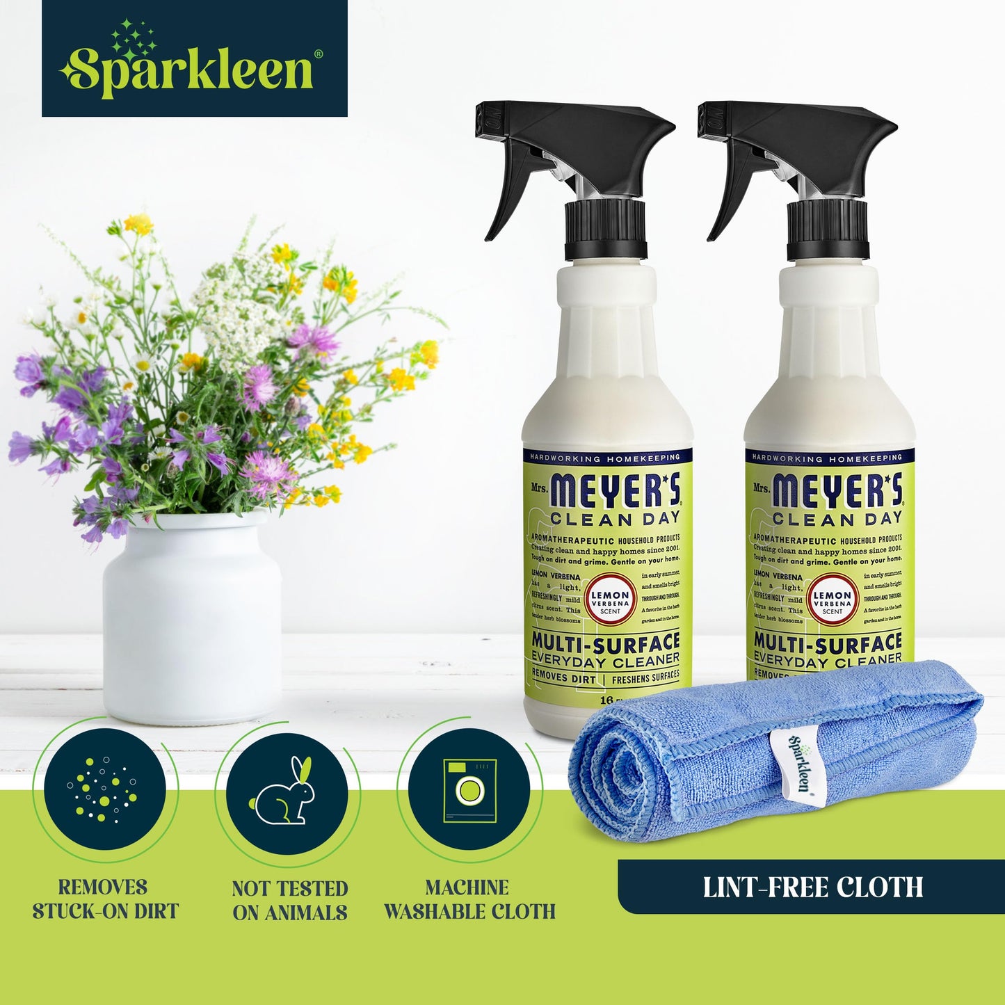 Sparkleen Mrs. Meyers Multi-Surface All Purpose Cleaner Set, Multi-Purpose Cleaner 2 Pack Spray and Cloth Set Bundle for Bathroom, Living Room or