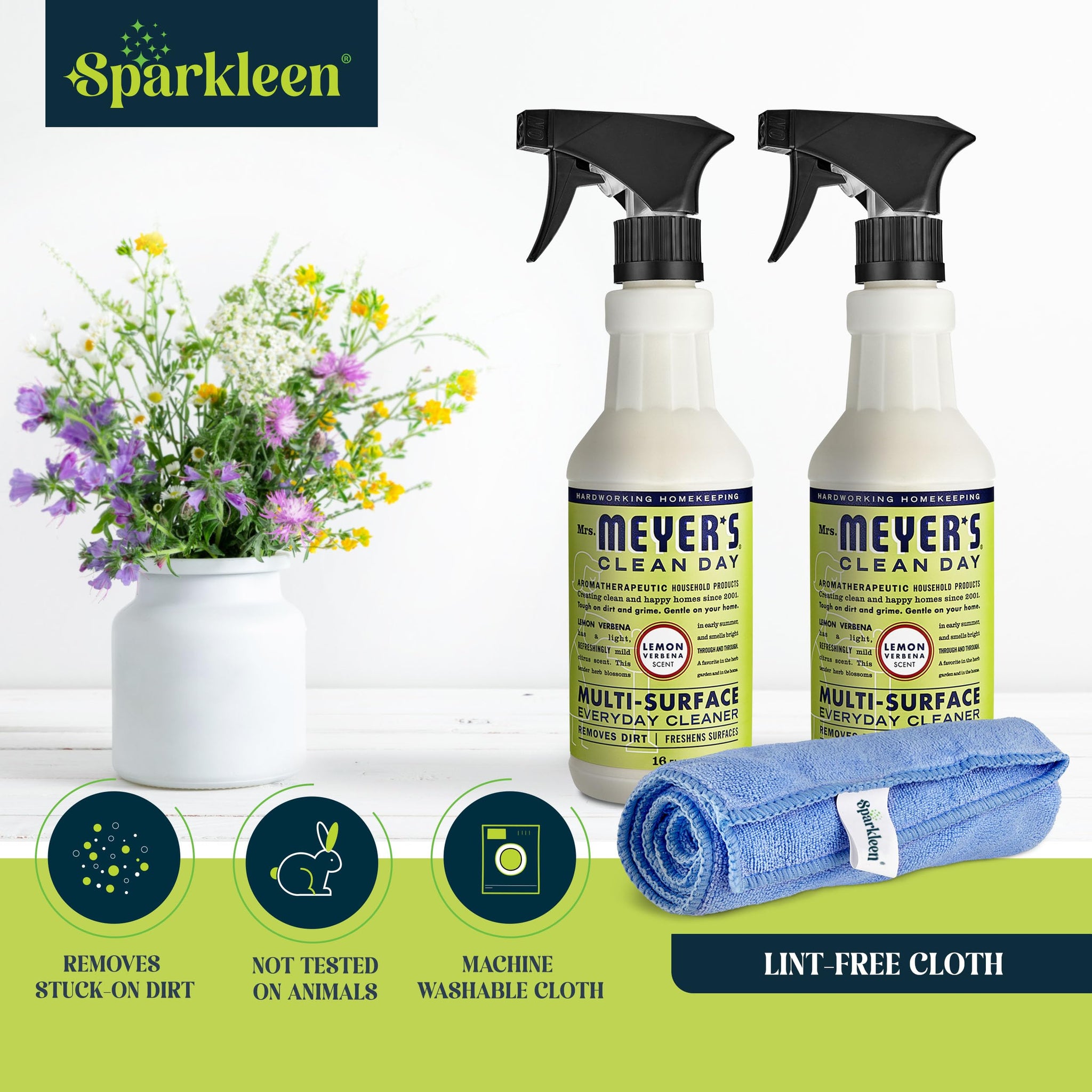 Sparkleen Mrs. Meyers Multi-Surface All Purpose Cleaner Set, Multi-Purpose Cleaner 2 Pack Spray and Cloth Set Bundle for Bathroom, Living Room or