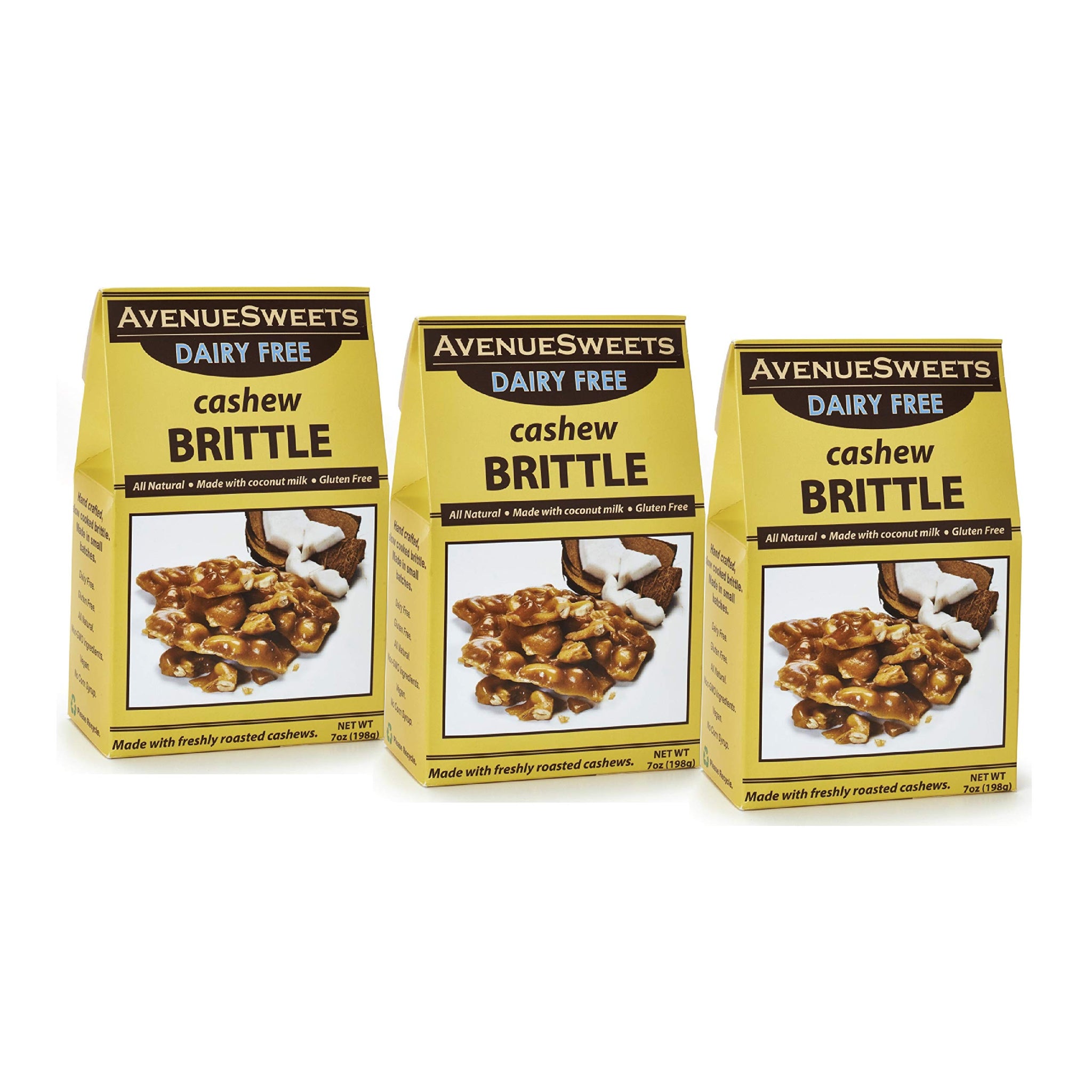 AvenueSweets - Handcrafted Old Fashioned Dairy Free Vegan Nut Brittle - 3 x 7 oz Boxes - Cashew
