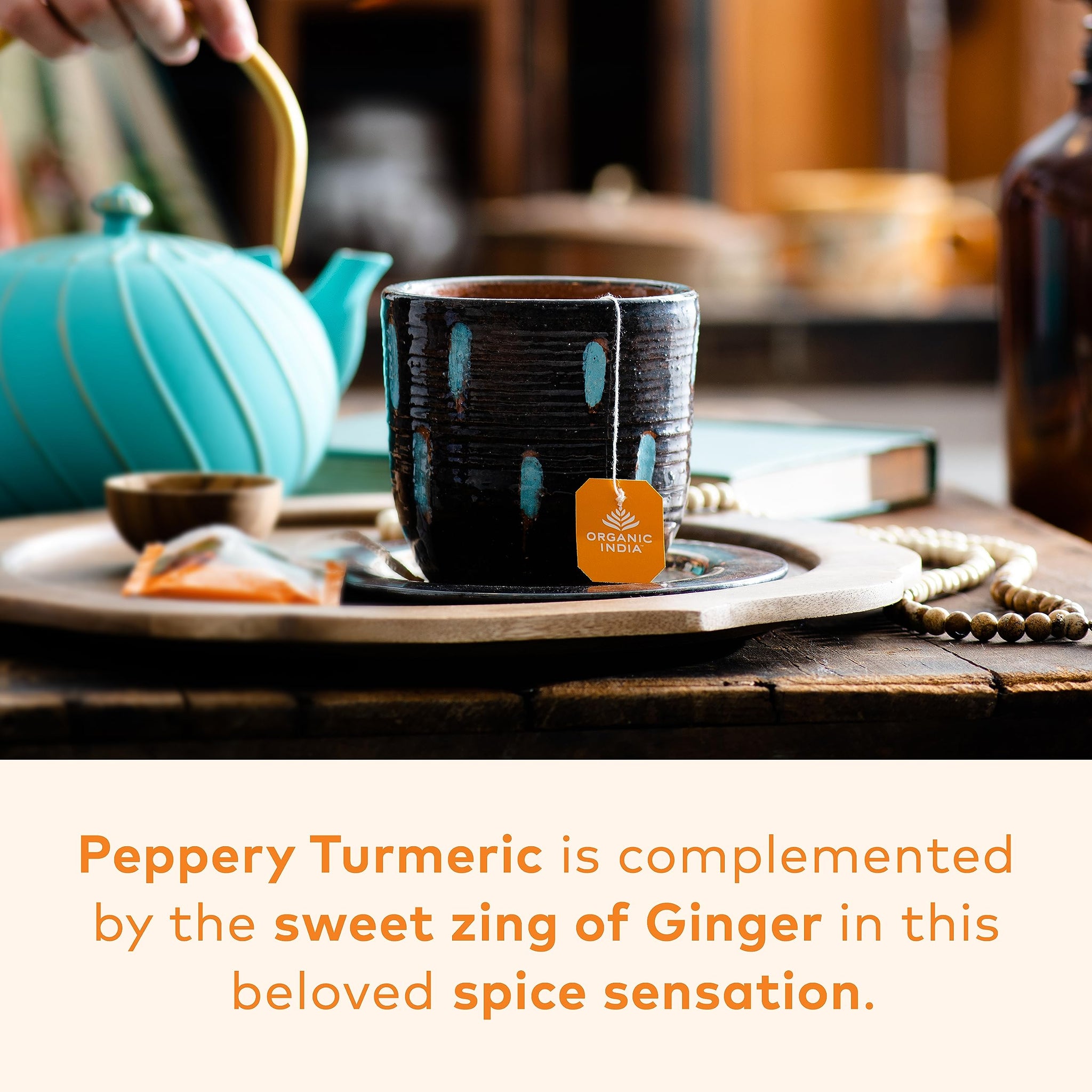 ORGANIC INDIA Tulsi Turmeric Ginger Herbal Tea - Stress Relieving & Harmonizing, Immune Support, Aids Digestion, Vegan, Caffeine-Free - 18 Infusion