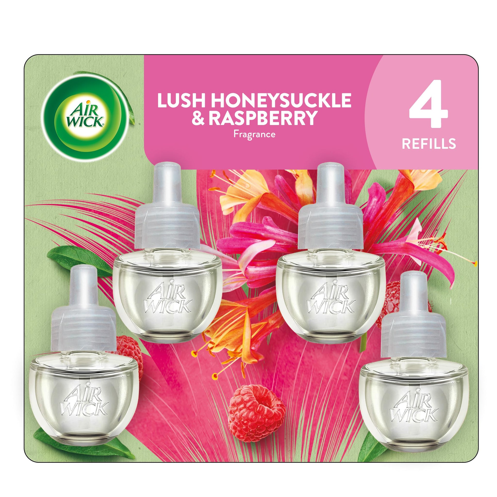 Air Wick Plug-In Scented Oil Refills, 3 Count, Lush Honeysuckle and Raspberry, Air Freshener, Essential Oils, Eco Friendly