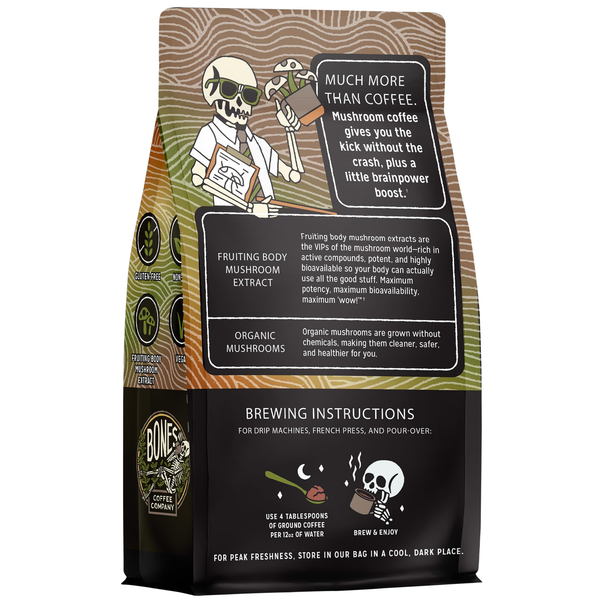 Bones Coffee Company Better Brain Mushroom Coffee Dark Roast Low Acid Arabica Coffee with Mushroom Blend for Energy, Focus, Digestion and Immunity