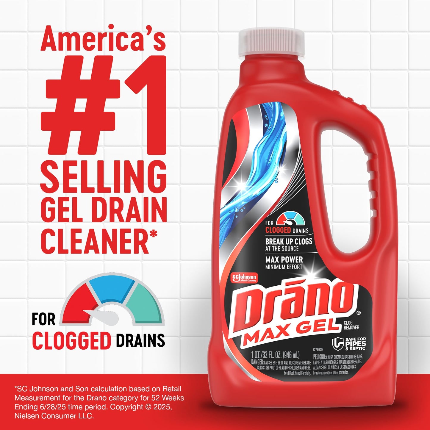 Drano Max Gel Drain Clog Remover & Cleaner, Fast-Acting to Unclog Standing Water & Remove Hair, Grease & Food Blockages, Safe for all Pipes & Septic
