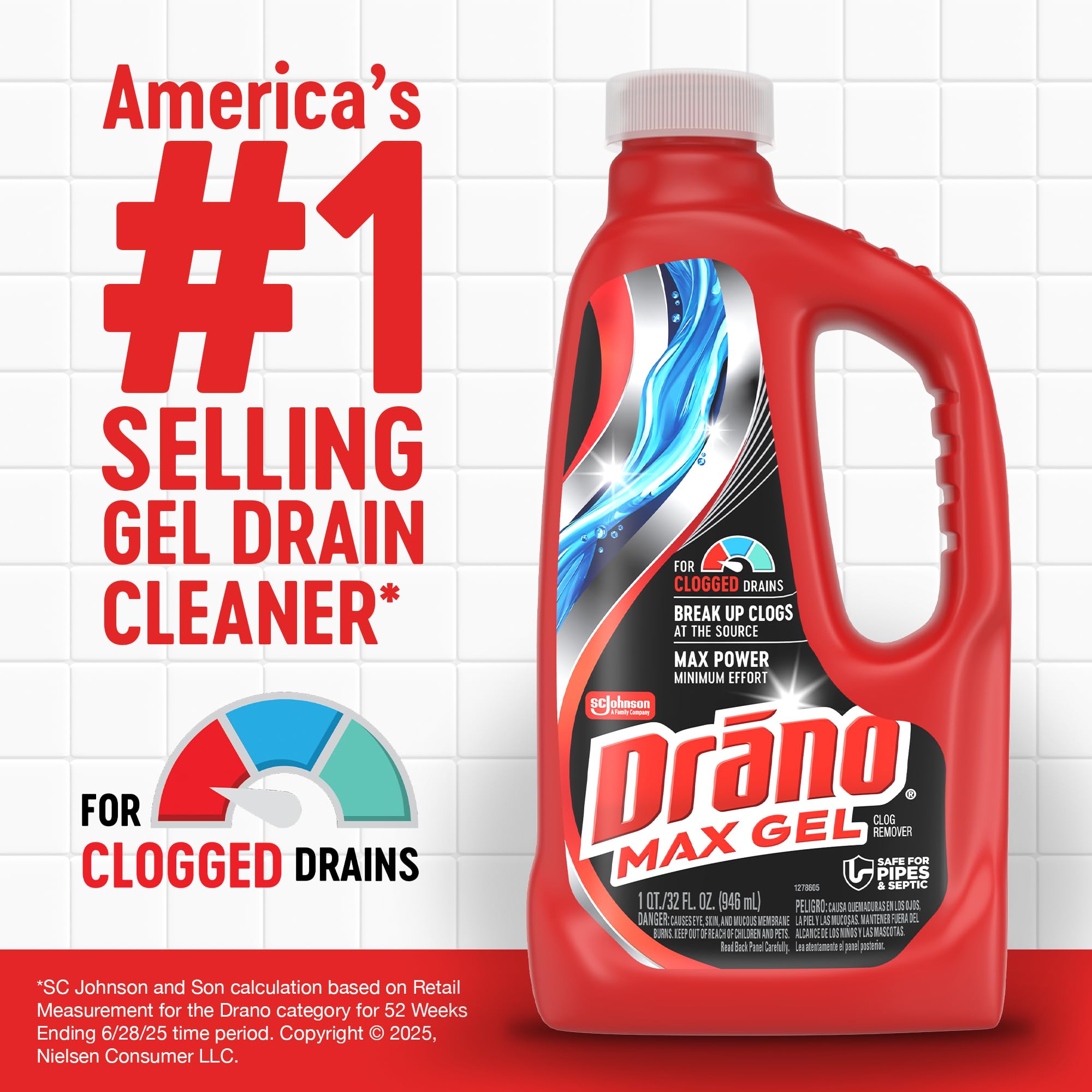 Drano Max Gel Drain Clog Remover & Cleaner, Fast-Acting to Unclog Standing Water & Remove Hair, Grease & Food Blockages, Safe for all Pipes & Septic