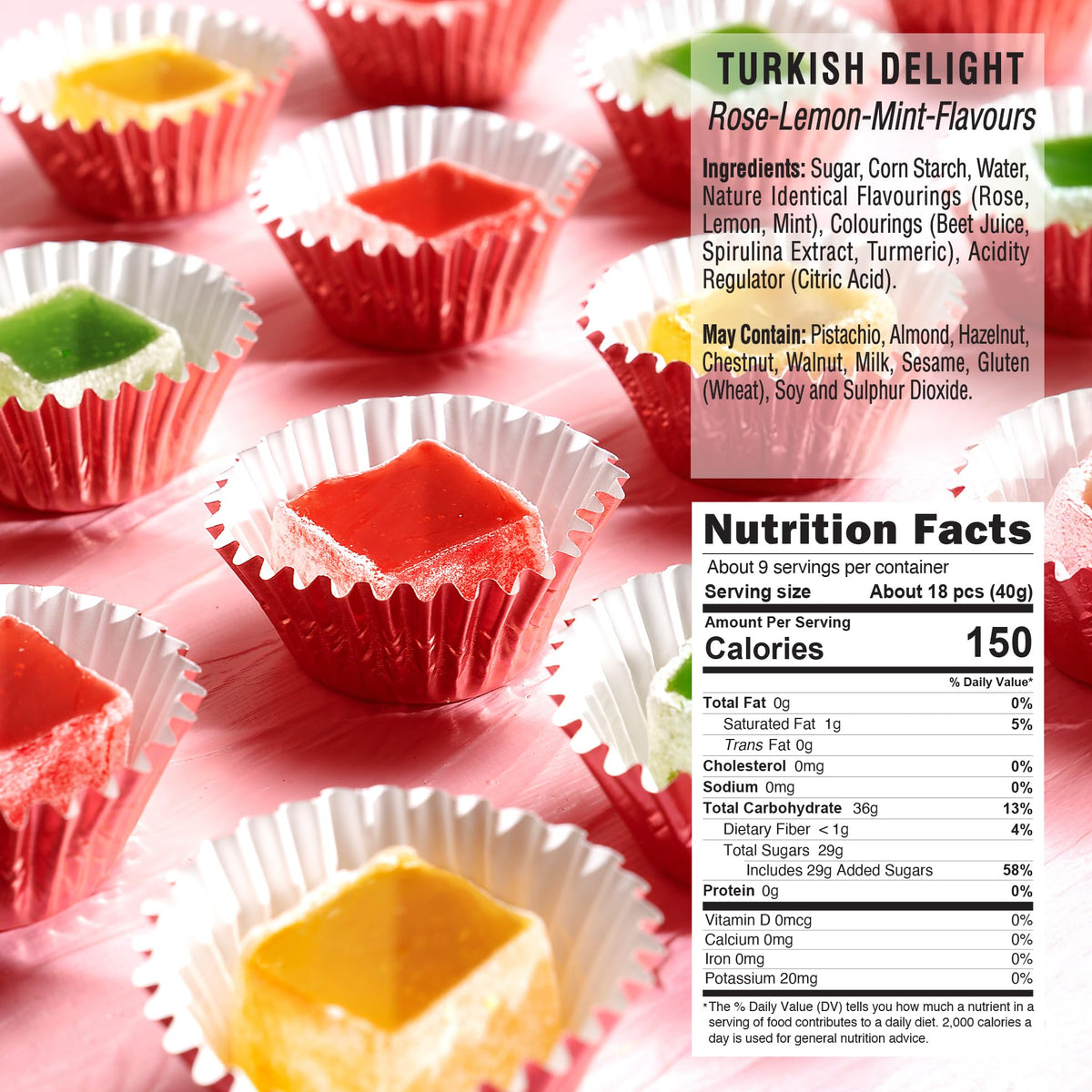HazerBaba Turkish Delight Candy, Rose, Lemon & Mint, 12.25oz (Pack of 1)