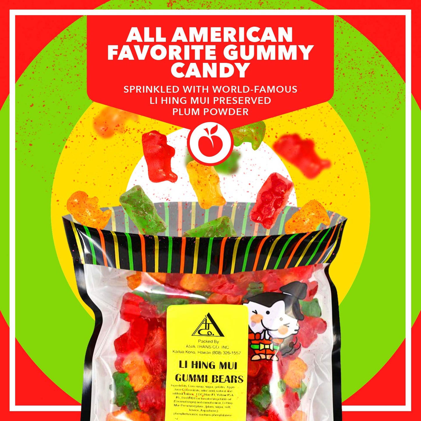 Asia Trans Gummy Bears with Li Hing Mui Plum Powder | Hawaiian Favorite | Sweet & Delicious Soft Gummy Candy (18 oz)