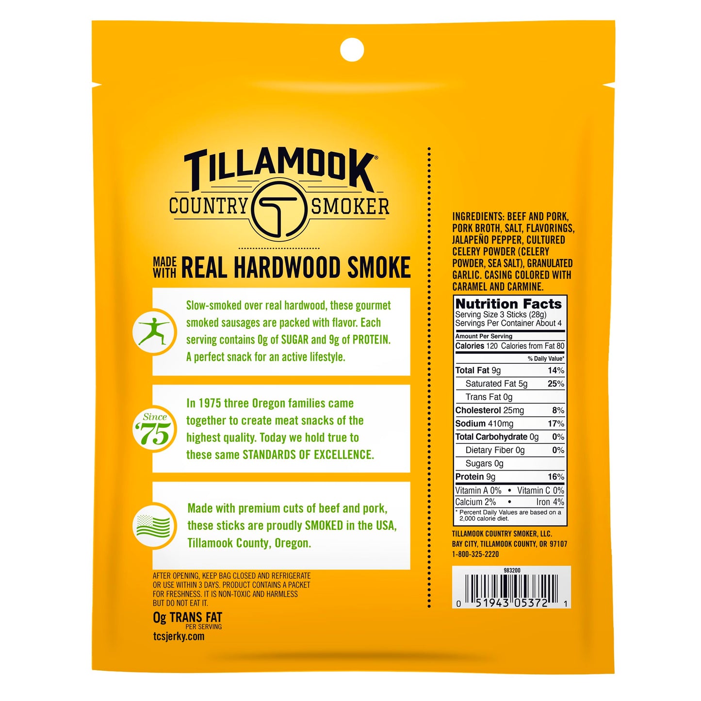 Tillamook Country Smoker Smoked Sausage, Zero Sugar, Spicy Jalapeño, 4 Ounce (1 Pack) Real Hardwood Smoked Sausages, Low Carb, High Protein, Ready