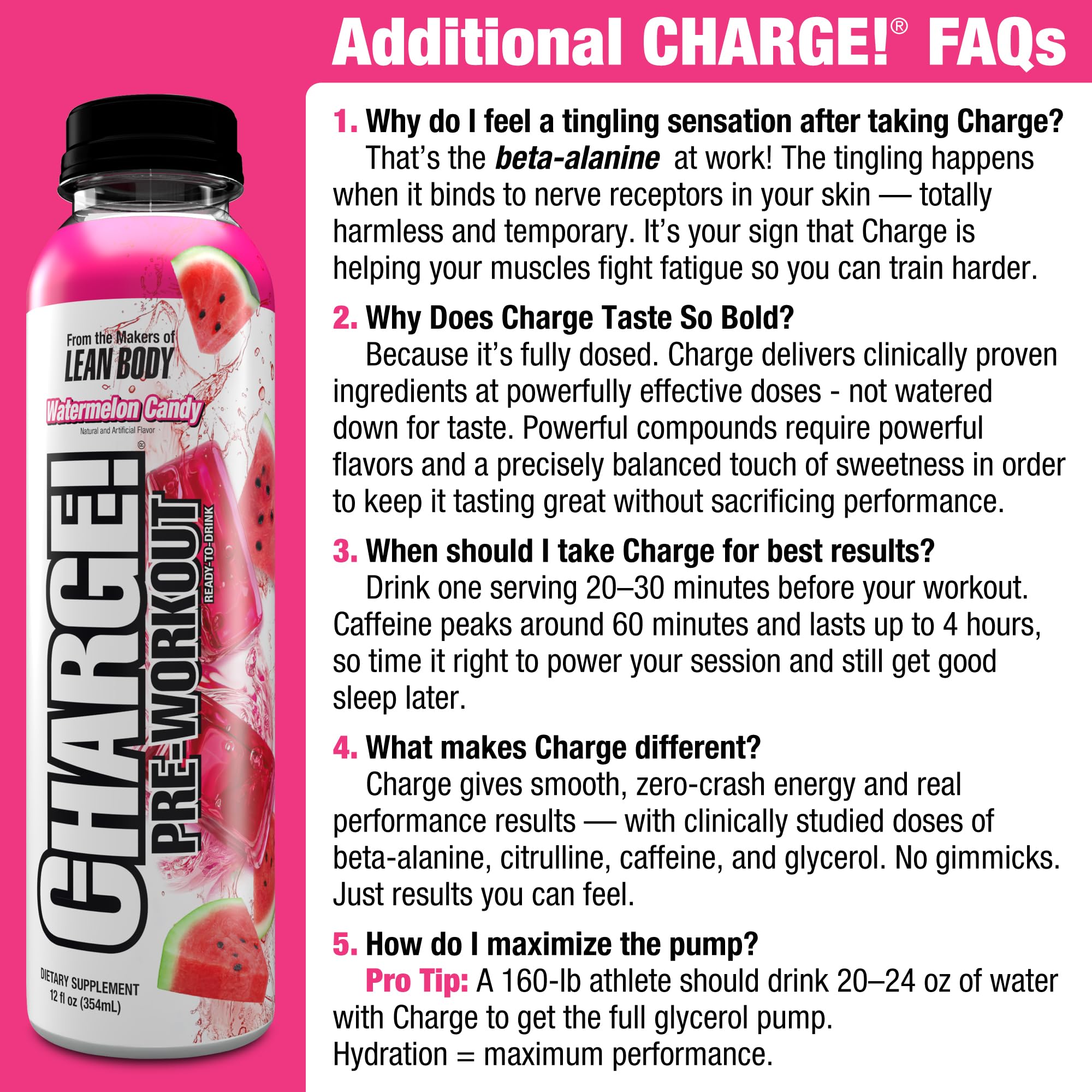 LABRADA Charge Pre Workout Watermelon Candy RTD Drink - Pump, Energy, Endurance Formula with 10g Glycerol, 6g L-Citrulline Malate, 4g Beta Alanine