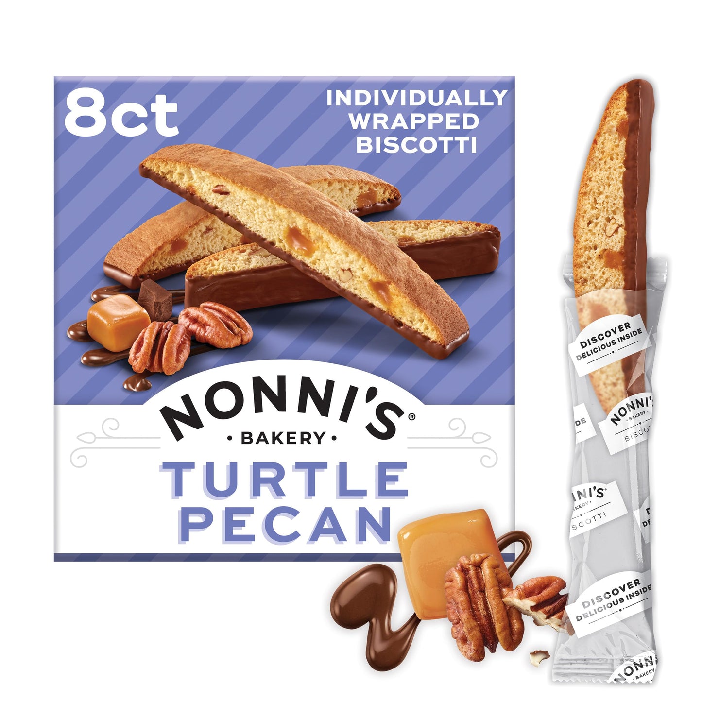 Nonni's Turtle Pecan Biscotti, Individually Wrapped Italian Cookie Snacks, 8 Servings (Pack of 1)