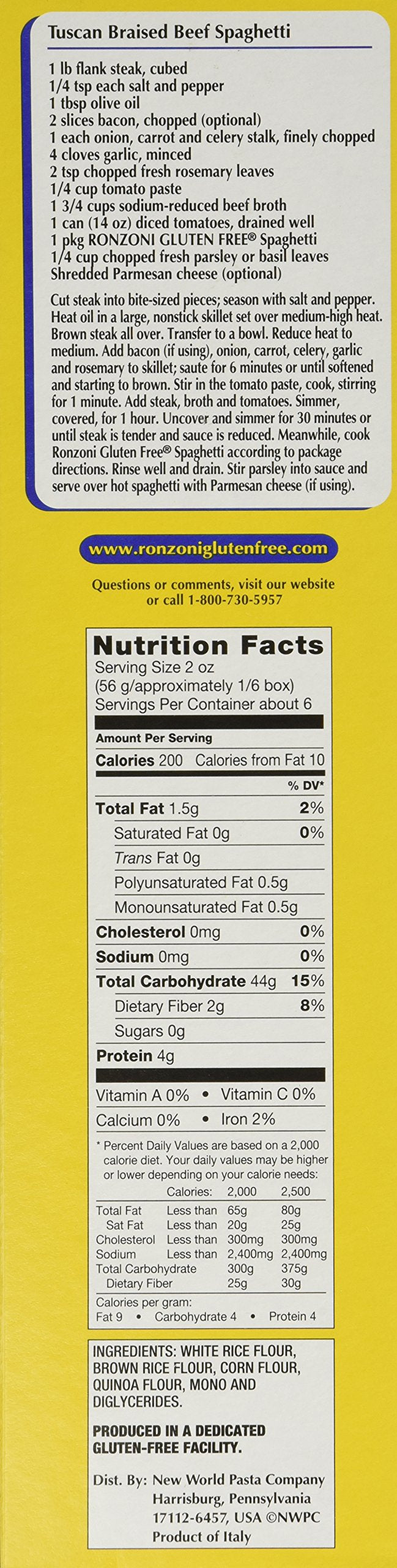 Ronzoni Gluten Free Pasta 12oz Box (Pack of 6) Choose Shape Below (Spaghetti)