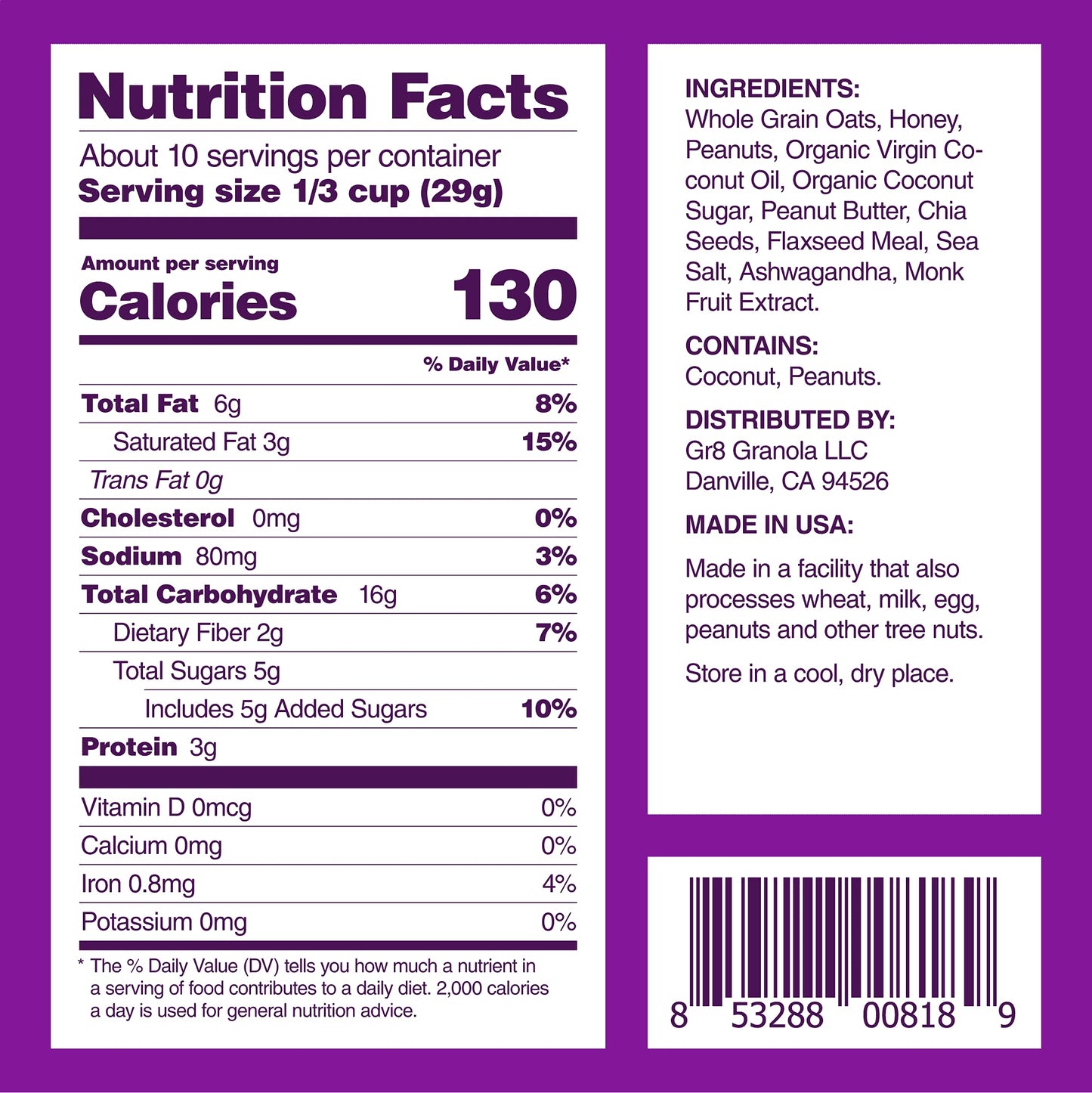 gr8nola PEANUT BUTTER - Healthy, Low Sugar Granola Cereal - Made with Superfoods Peanuts, Ashwagandha, and Chia Seeds, Soy Free, Dairy Free and No