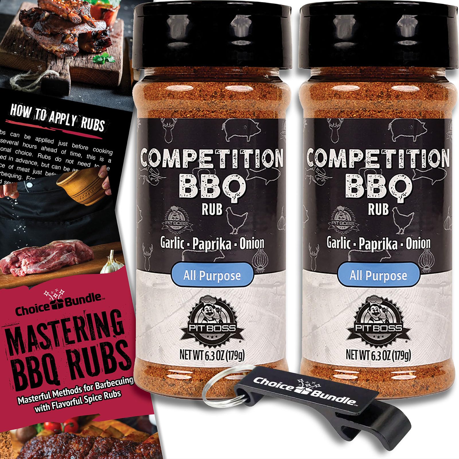 Pit Boss Competition BBQ All Purpose AP Premium Barbecue Mixed Seasoning Spice & Rub 2 pk Choice Bundle (12.6 oz) + Guide & Keychain Bottle Opener (4