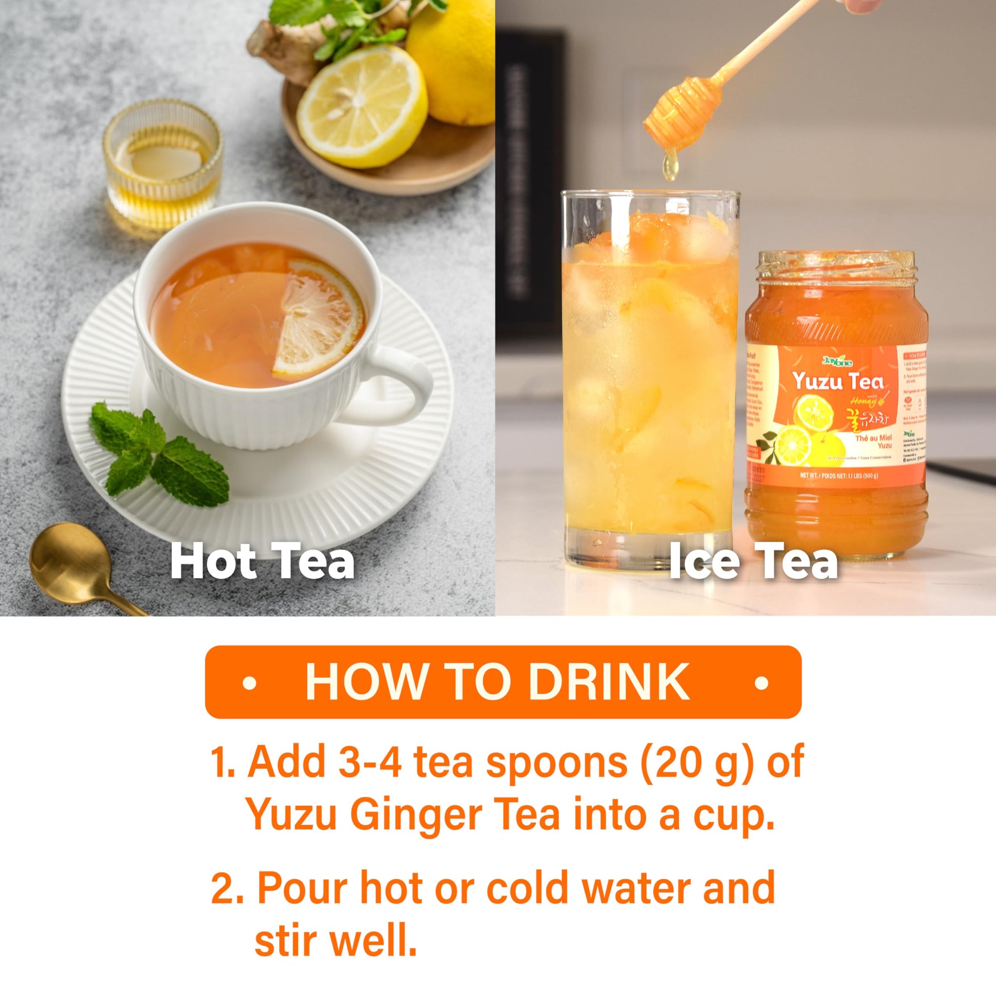 Jayone Korean Honey Yuzu Citron Tea 2.2 lbs - Made with Sugar and Honey, Real Yuzu Peel Marmalade, Bright Citrus Flavor, For Hot & Iced Drinks, Home