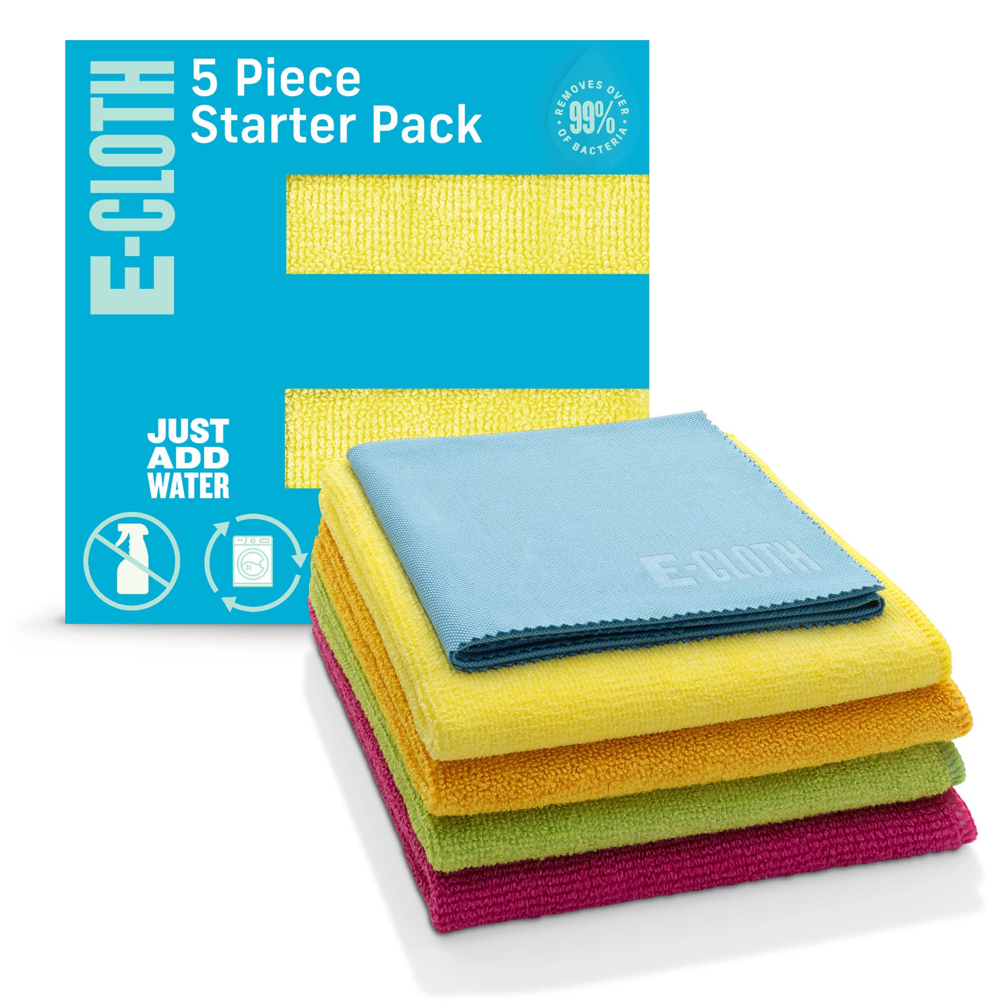 E-Cloth 5-pc Starter Pack- Microfiber Cleaning Cloth Set with Reusable Cleaning Cloth and Glass Polishing Cloth, Assorted Color Microfiber Cleaner