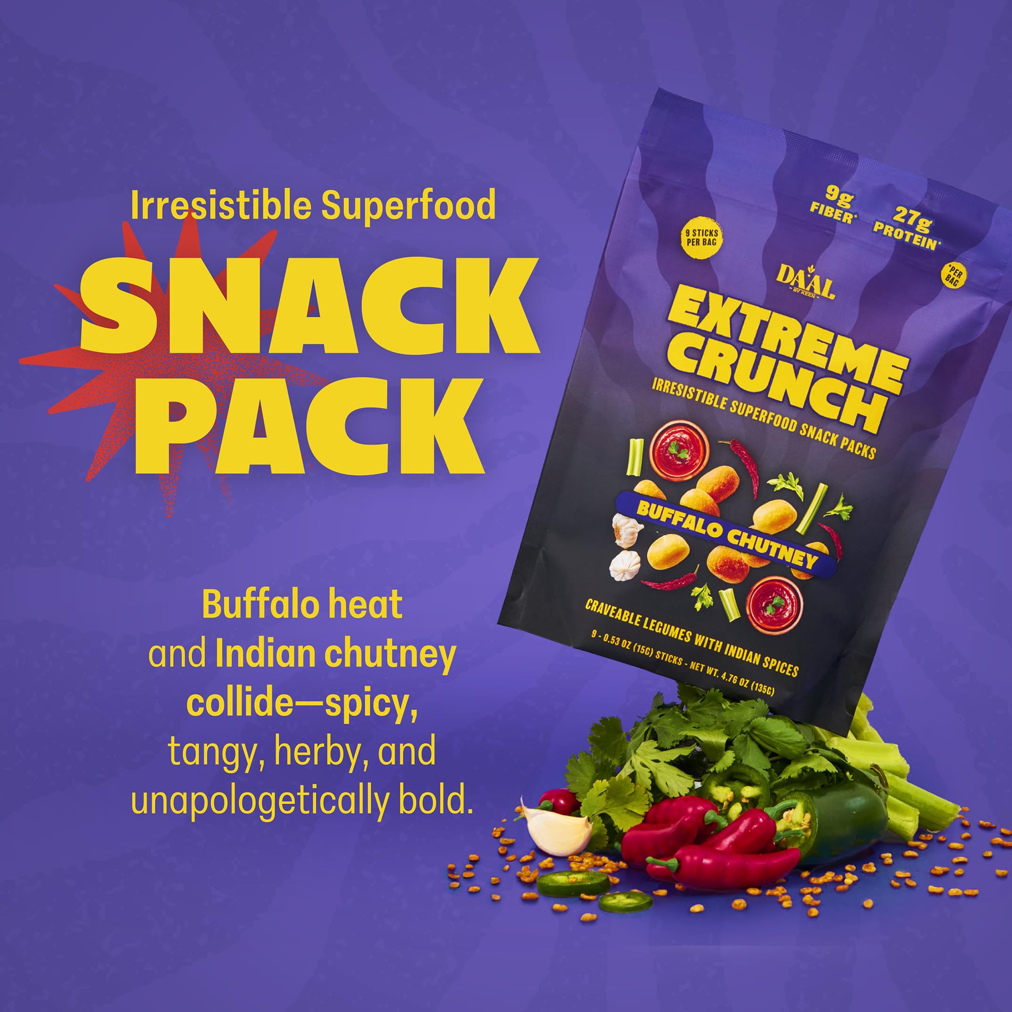 Daal Crunchy & Spicy Snacks - Vegan Snacks Made from Mung Beans - Gluten Free & Nut Free Moong Dal High Fiber Snacks Packed with 36g of Plant Based