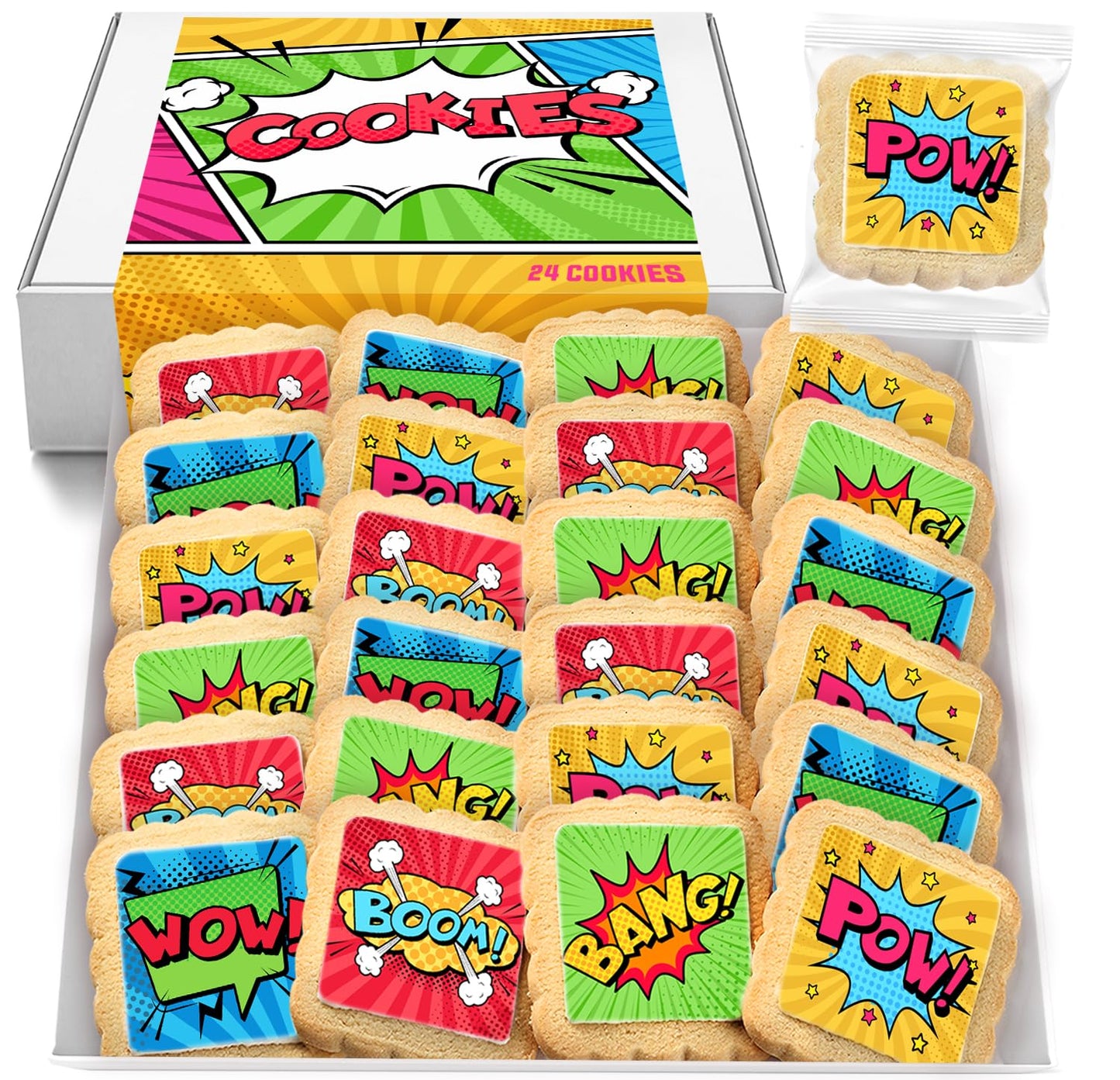 Superhero Cookies 24 Pack | Bulk Party Favors Birthday Party | Individually Wrapped | Pow Boom Bang Wow Treats Snacks