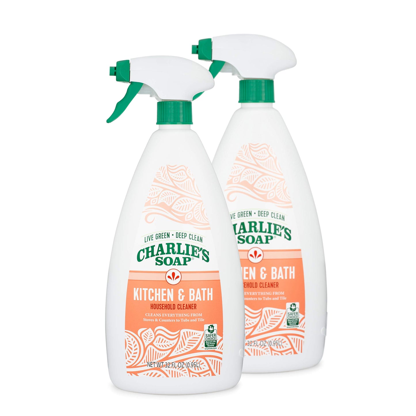 Charlie's Soap Kitchen & Bath Household Cleaner Spray (32 Fl. Oz., 2 Pack) Natural Kitchen and Bathroom Multi-Surface Cleaner - Non-Toxic