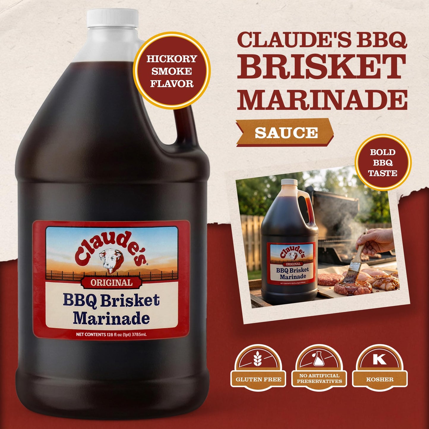 Claude's BBQ Brisket Marinade Sauce, Gluten Free Texas Style, 128 oz